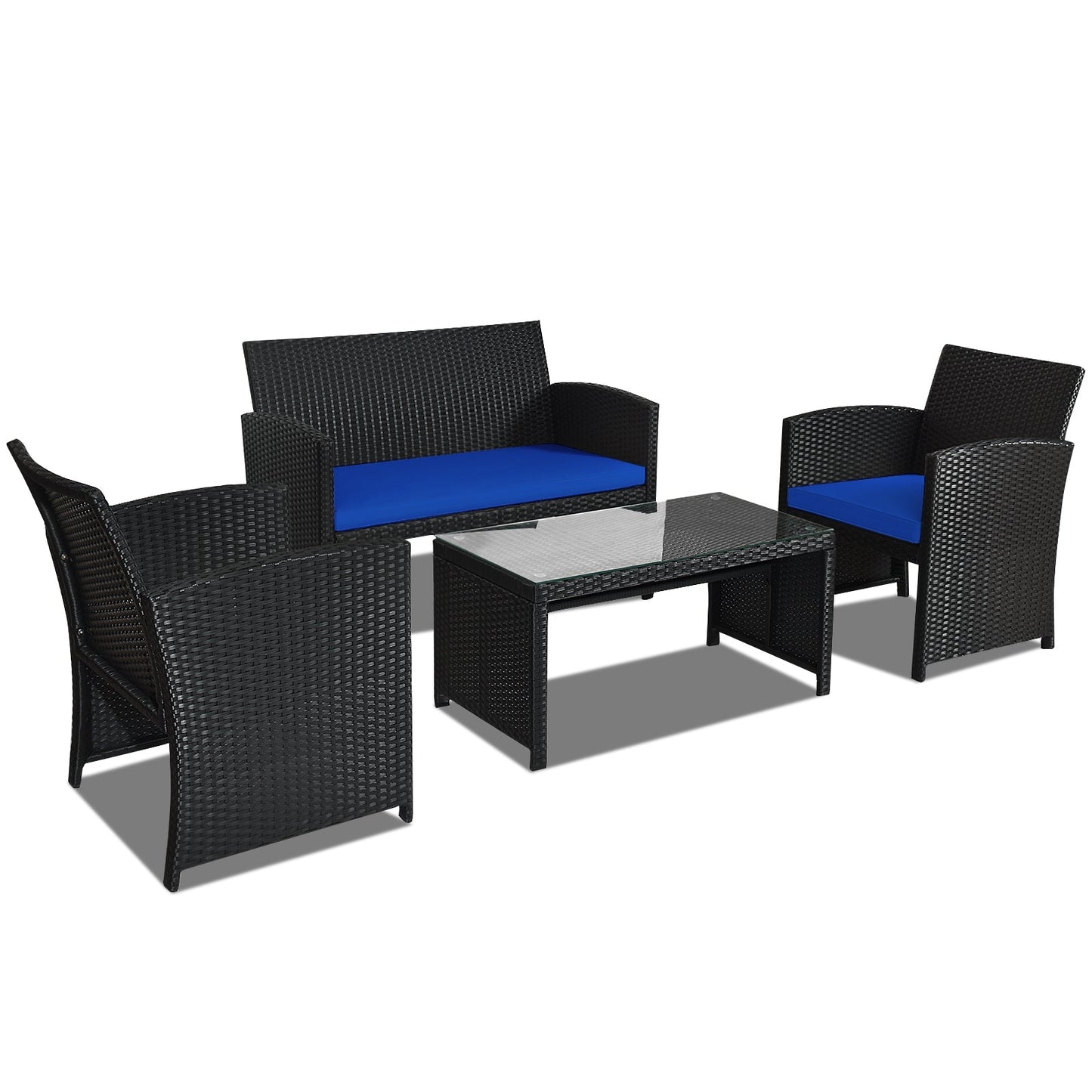 4 Pieces Rattan Patio Furniture Set with Tempered Glass Tabletop-Navy -  Assembled