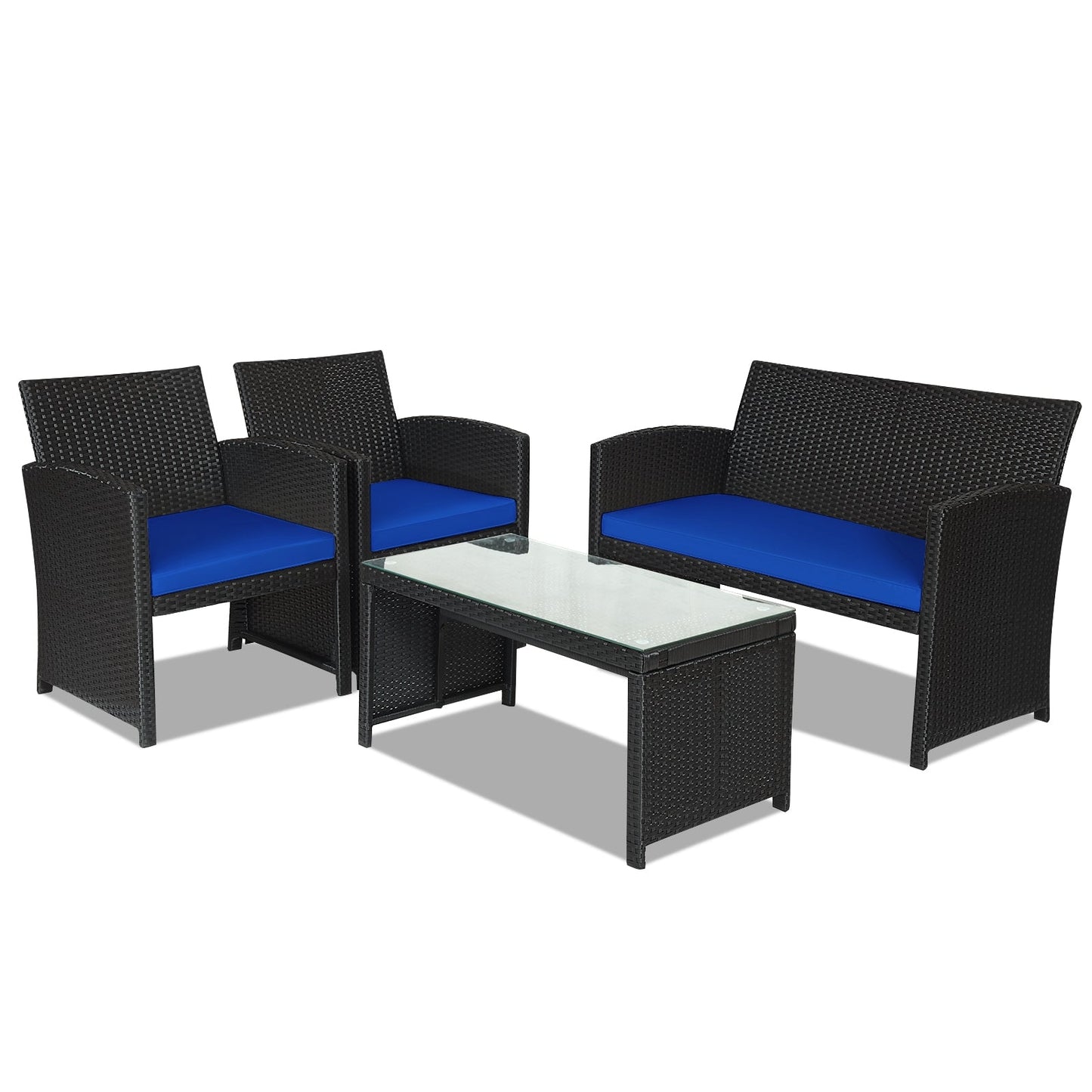 4 Pieces Rattan Patio Furniture Set with Tempered Glass Tabletop-Navy -  Assembled
