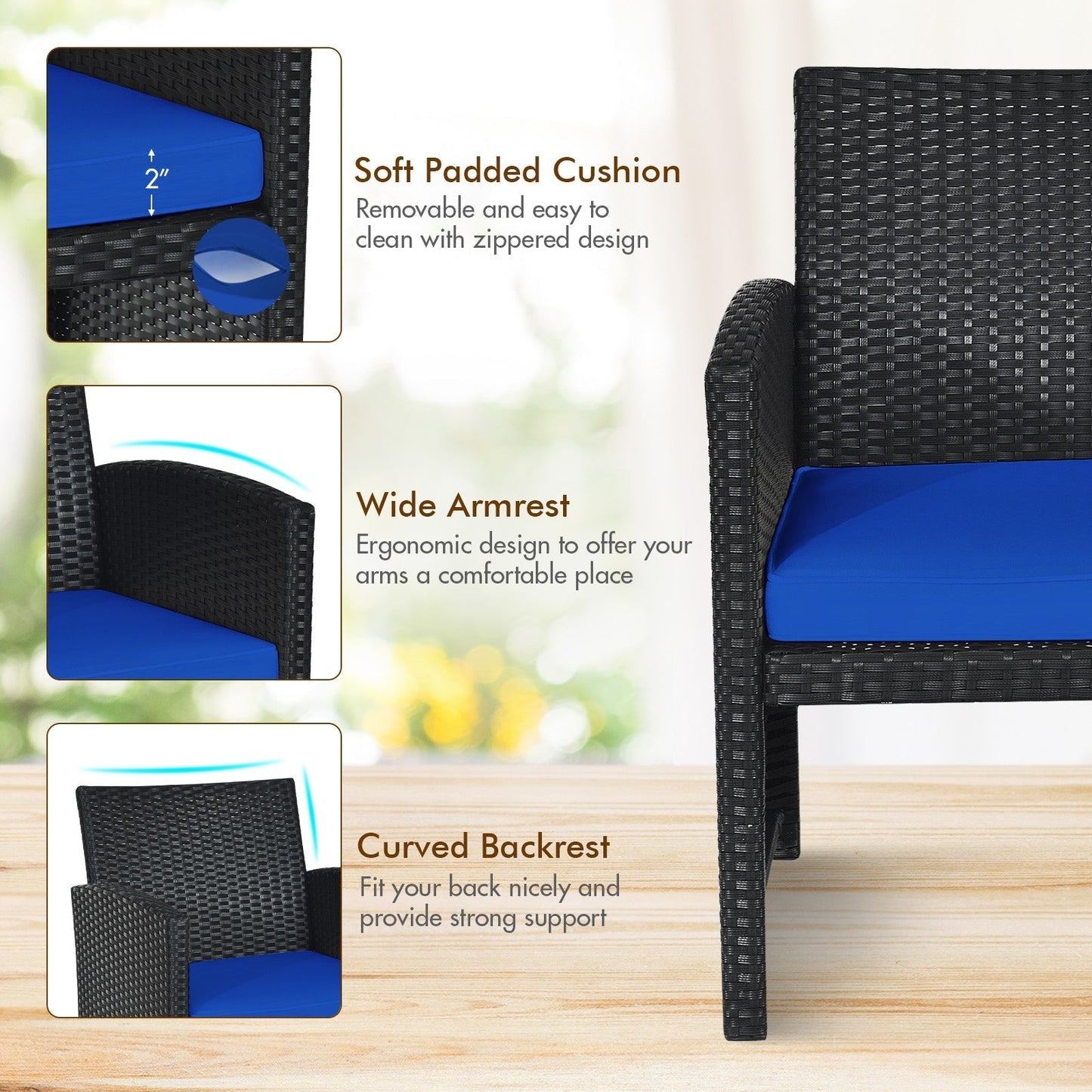 4 Pieces Rattan Patio Furniture Set with Tempered Glass Tabletop-Navy -  Assembled