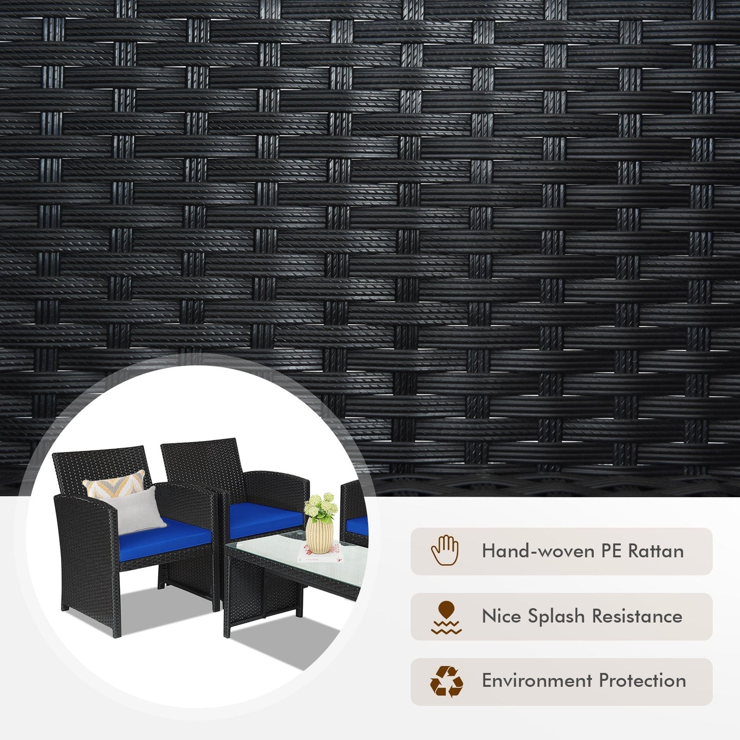 4 Pieces Rattan Patio Furniture Set with Tempered Glass Tabletop-Navy -  Unassembled