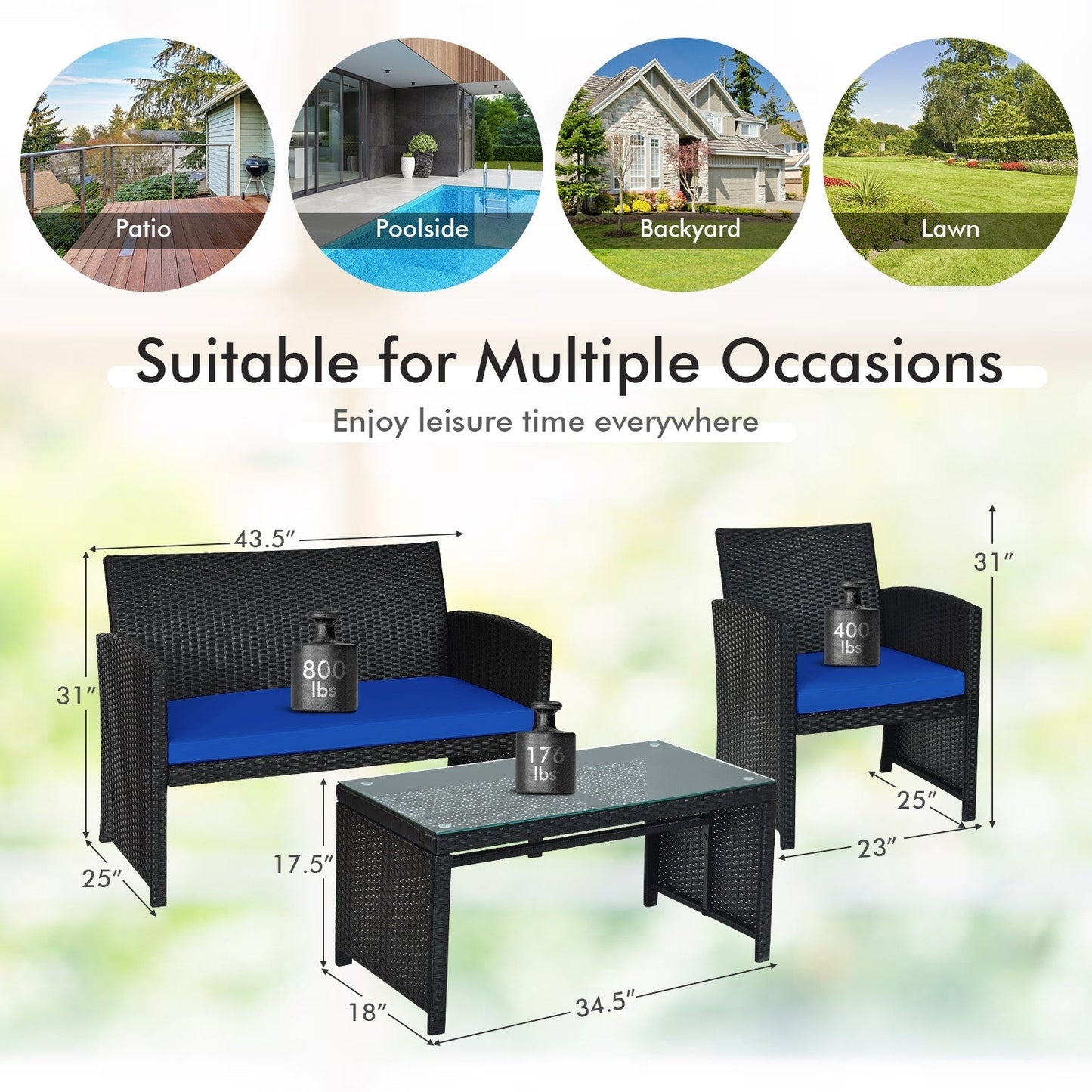 4 Pieces Rattan Patio Furniture Set with Tempered Glass Tabletop-Navy -  Assembled