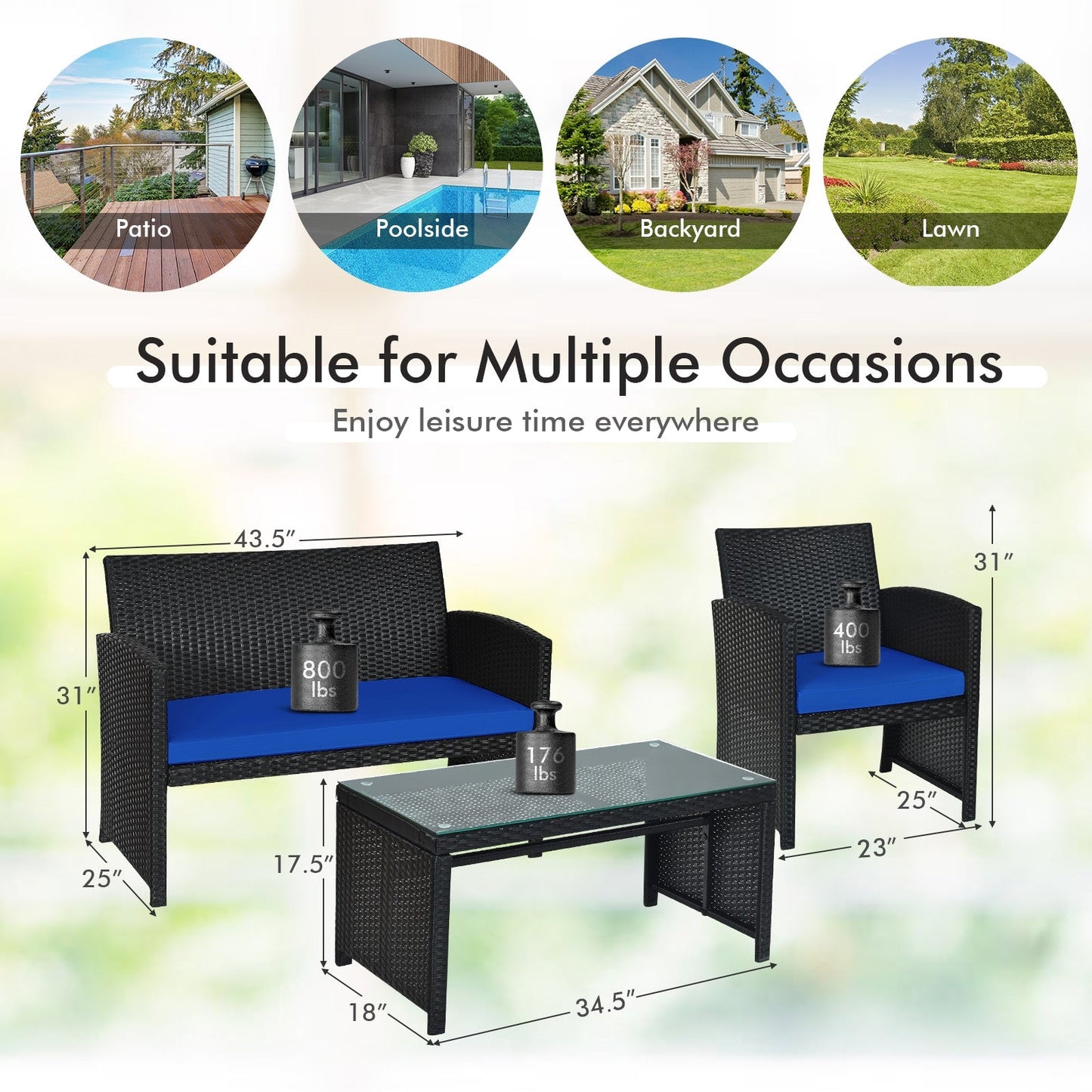 4 Pieces Rattan Patio Furniture Set with Tempered Glass Tabletop-Navy -  Unassembled