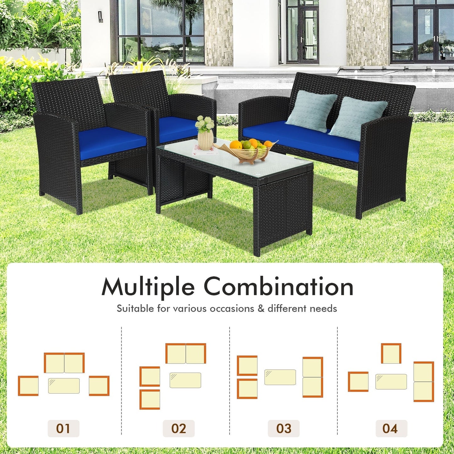 4 Pieces Rattan Patio Furniture Set with Tempered Glass Tabletop-Navy -  Assembled