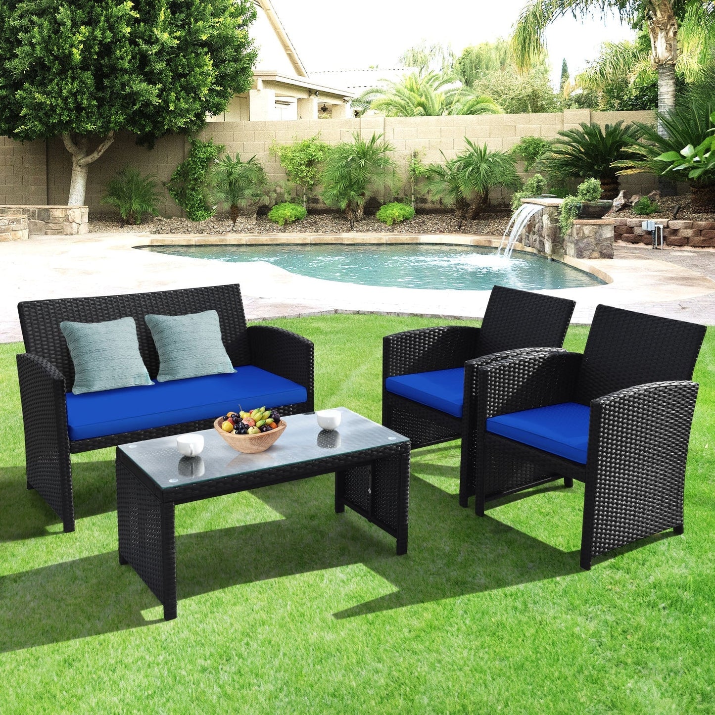 4 Pieces Rattan Patio Furniture Set with Tempered Glass Tabletop-Navy -  Assembled