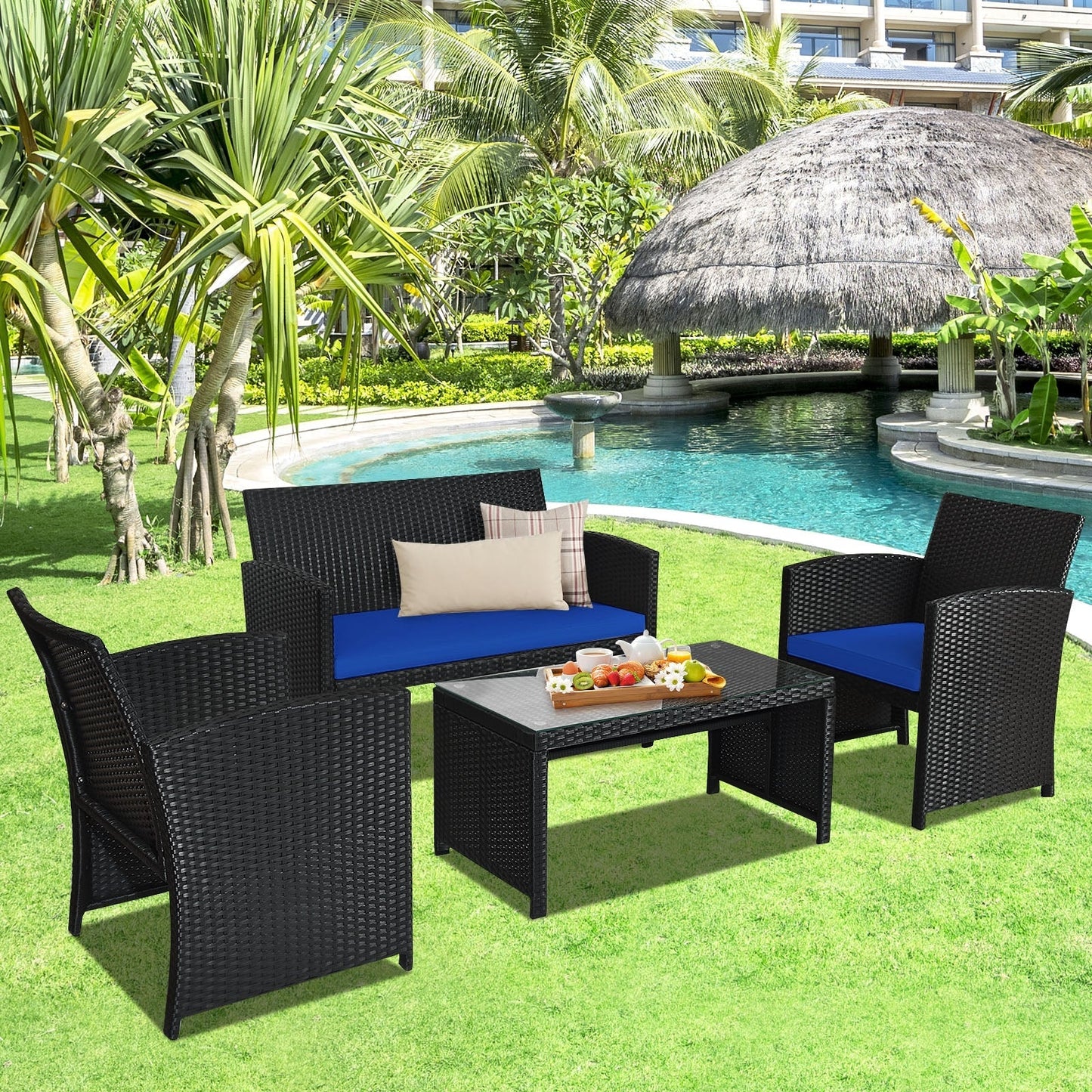 4 Pieces Rattan Patio Furniture Set with Tempered Glass Tabletop-Navy -  Assembled