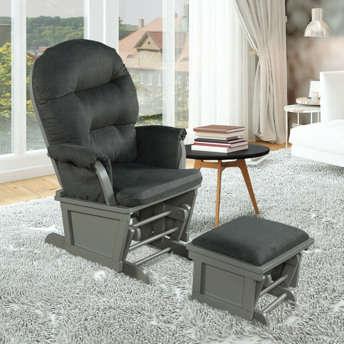 Wood Glider and Ottoman Cushion Set with Padded Armrests for Nursing-Gray