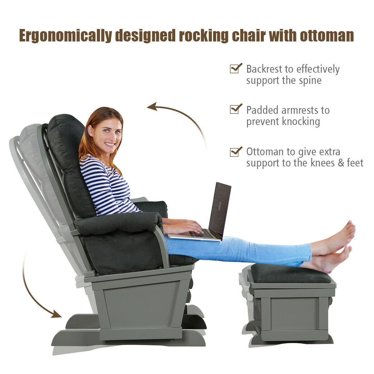 Wood Glider and Ottoman Cushion Set with Padded Armrests for Nursing-Gray