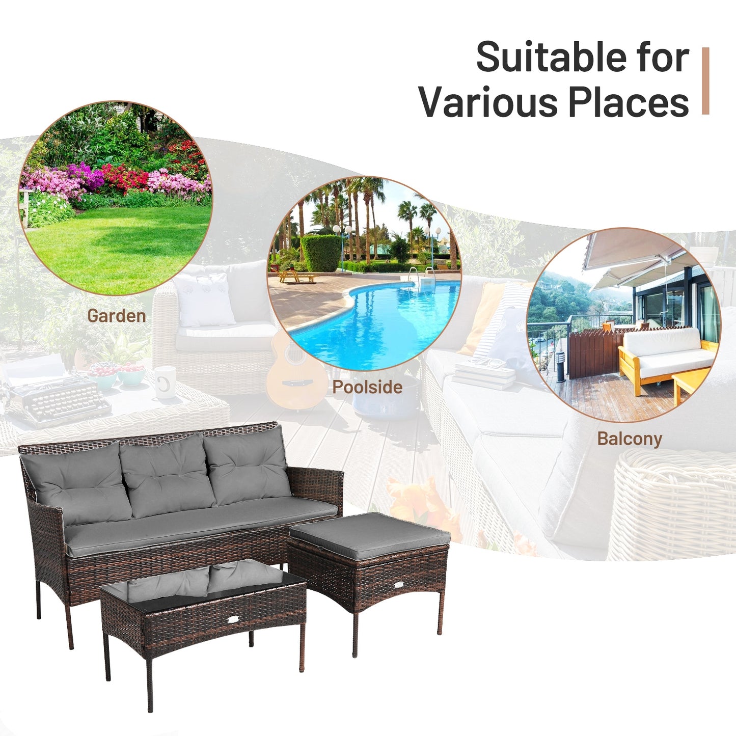 3 Pieces Patio Furniture Sectional Set with 5 Cozy Seat and Back Cushions-Gray - Fully Assembled
