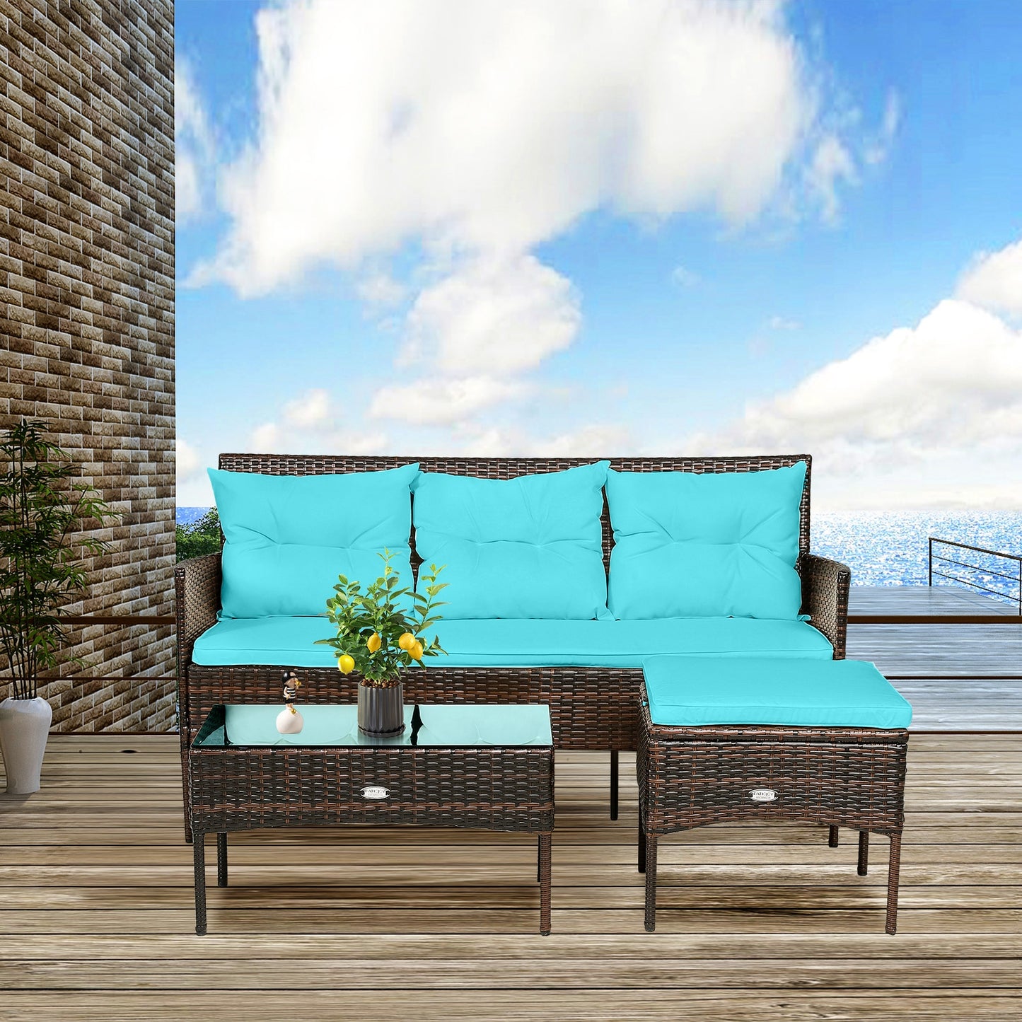 3 Pieces Patio Furniture Sectional Set with 5 Cozy Seat and Back Cushions-Turquoise (Fully Assembled)