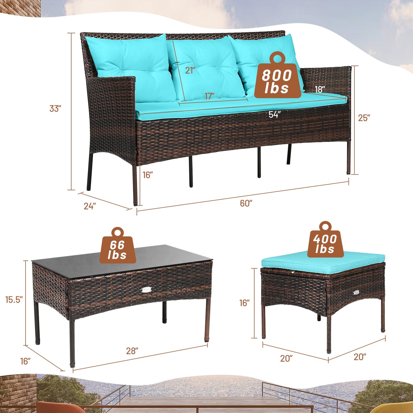 3 Pieces Patio Furniture Sectional Set with 5 Cozy Seat and Back Cushions-Turquoise (Fully Assembled)