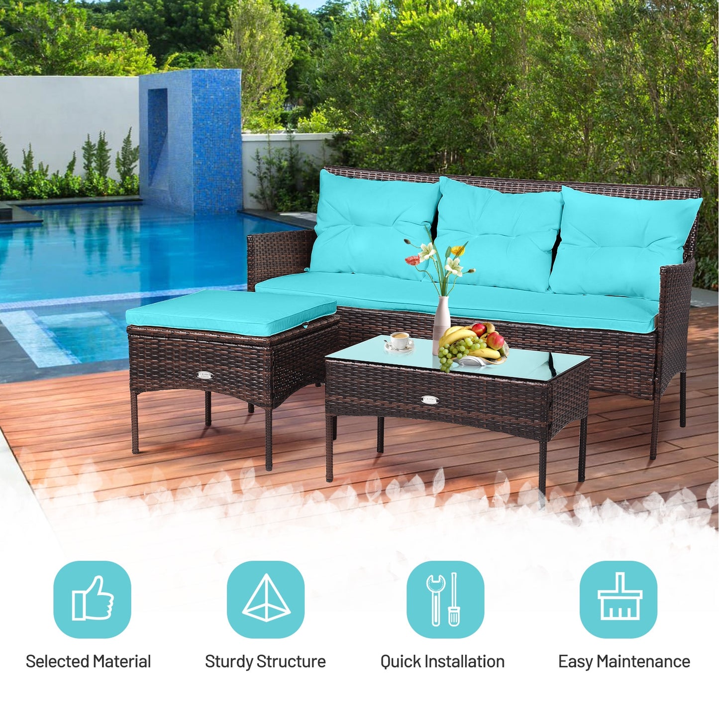 3 Pieces Patio Furniture Sectional Set with 5 Cozy Seat and Back Cushions-Turquoise (Fully Assembled)