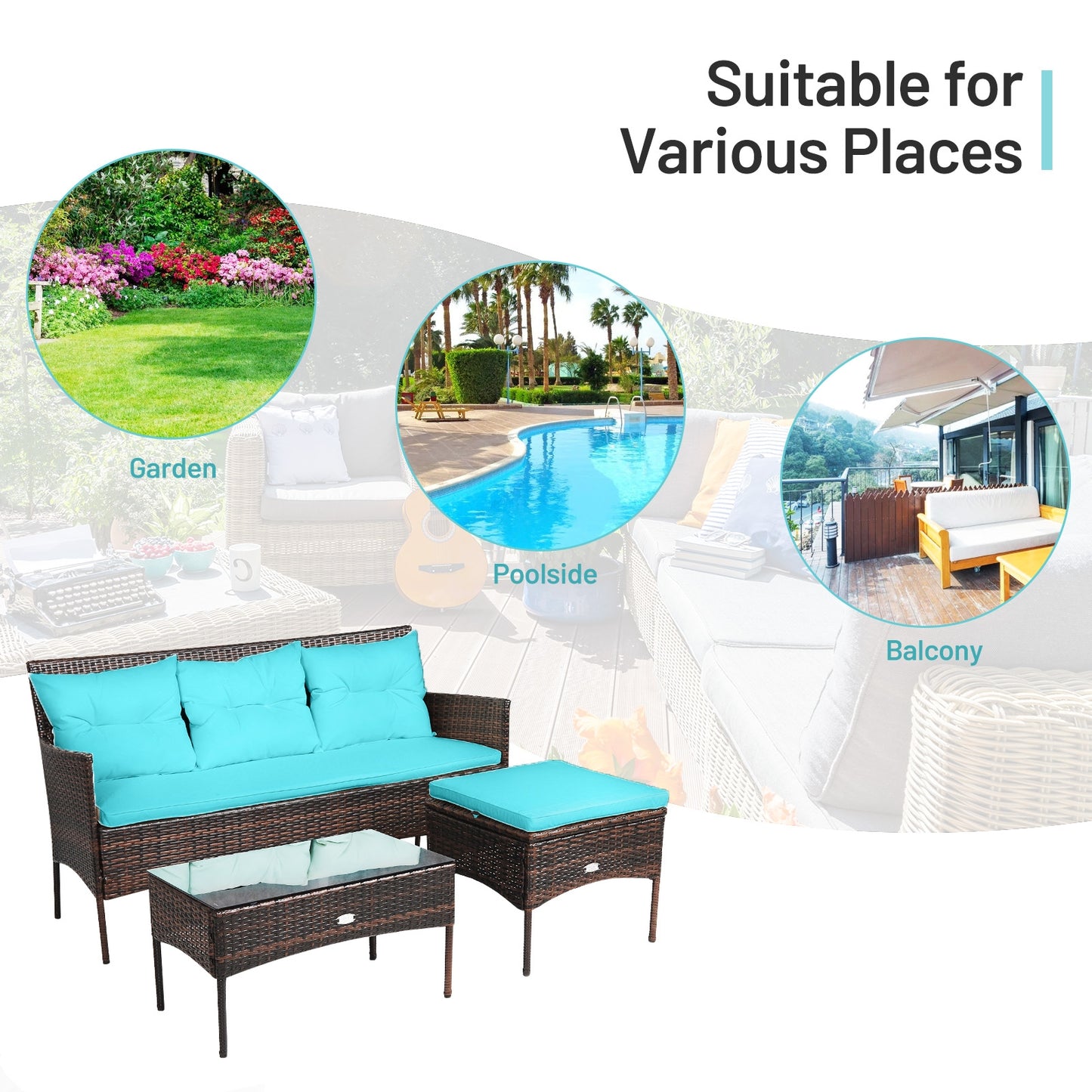 3 Pieces Patio Furniture Sectional Set with 5 Cozy Seat and Back Cushions-Turquoise (Fully Assembled)