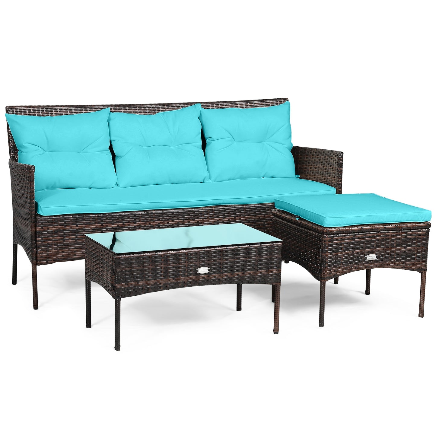 3 Pieces Patio Furniture Sectional Set with 5 Cozy Seat and Back Cushions-Turquoise (Fully Assembled)