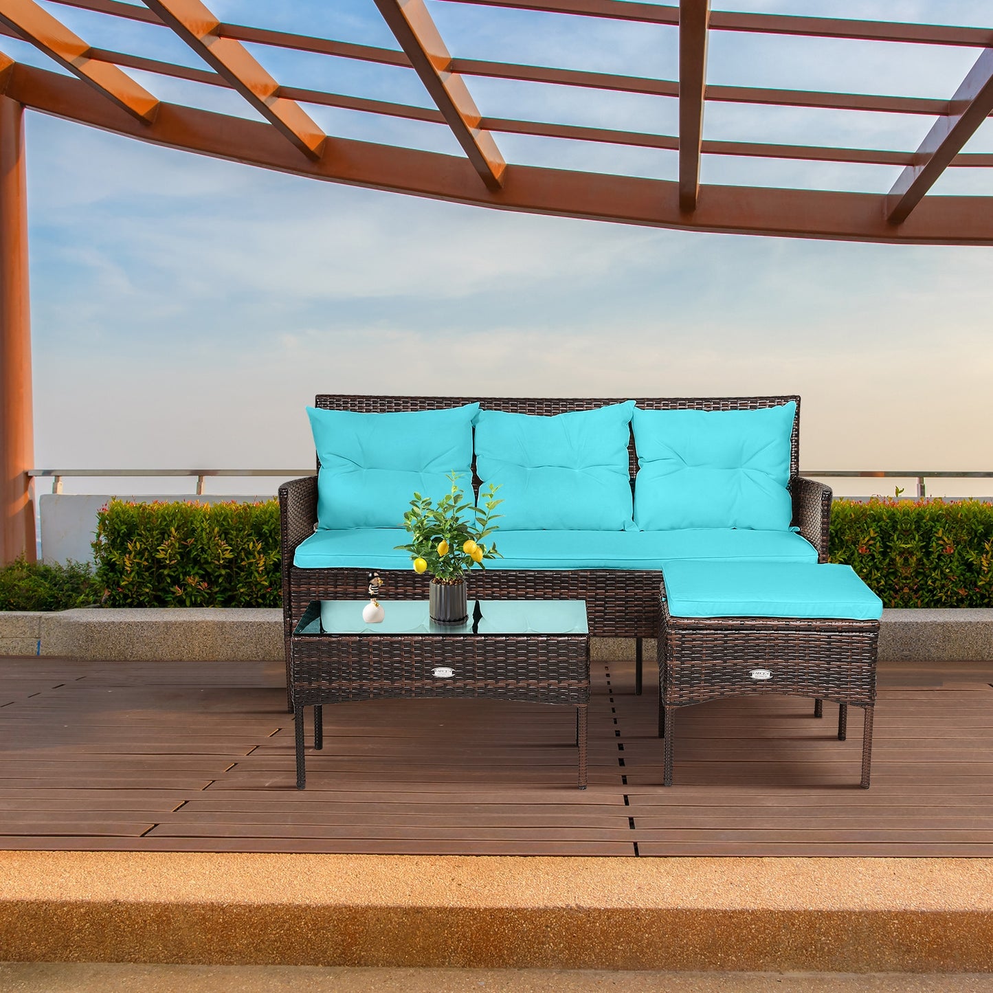 3 Pieces Patio Furniture Sectional Set with 5 Cozy Seat and Back Cushions-Turquoise (Fully Assembled)
