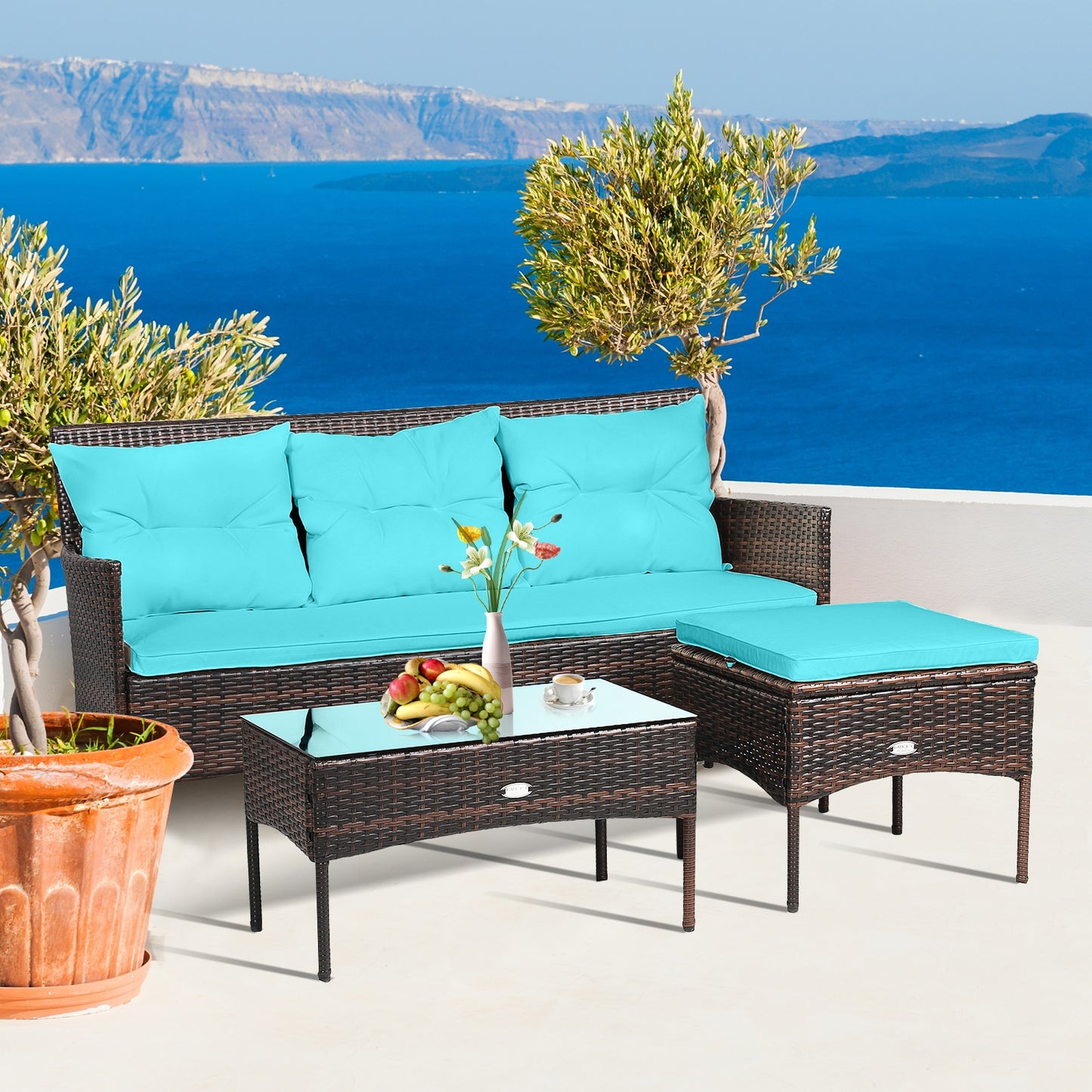 3 Pieces Patio Furniture Sectional Set with 5 Cozy Seat and Back Cushions-Turquoise (Fully Assembled)