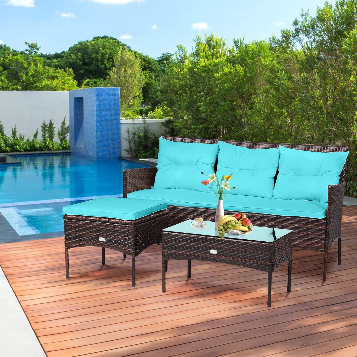 3 Pieces Patio Furniture Sectional Set with 5 Cozy Seat and Back Cushions-Turquoise (Fully Assembled)