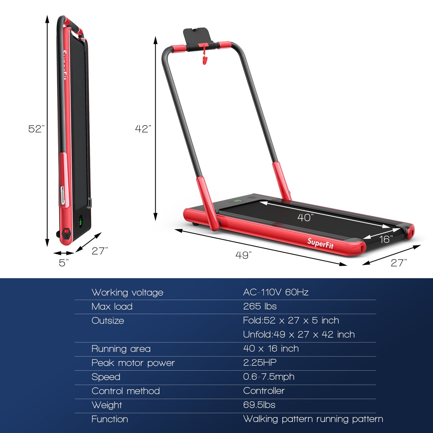 SPECIAL-2-in-1 Folding Treadmill with Remote Control and LED Display-Red (MAX 265lbs)