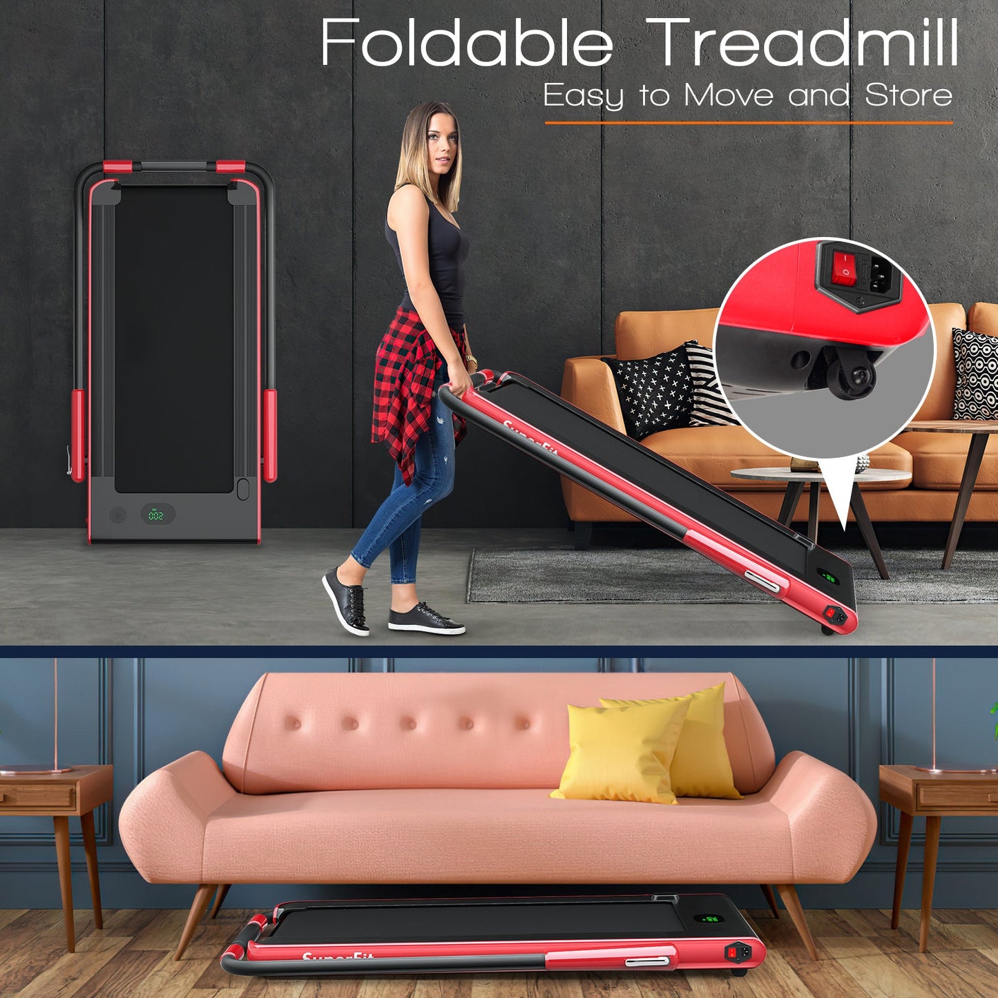 SPECIAL-2-in-1 Folding Treadmill with Remote Control and LED Display-Red (MAX 265lbs)