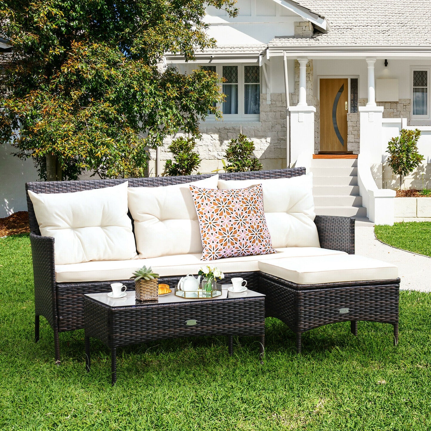 3 Pieces Patio Furniture Sectional Set with 5 Cozy Seat and Back Cushions- Off White (Fully Assembled)