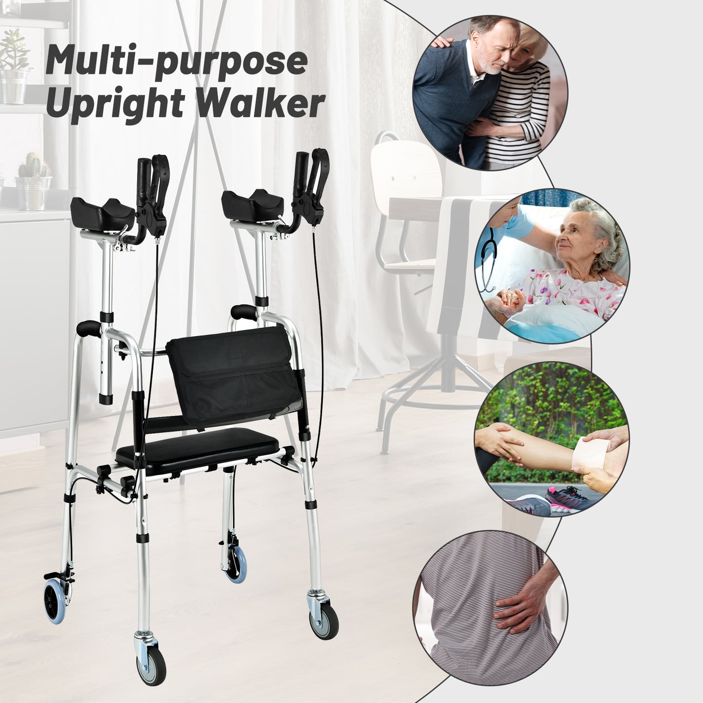 Folding Auxiliary Walker Rollator with Brakes -Silver - (Missing front Pouch)