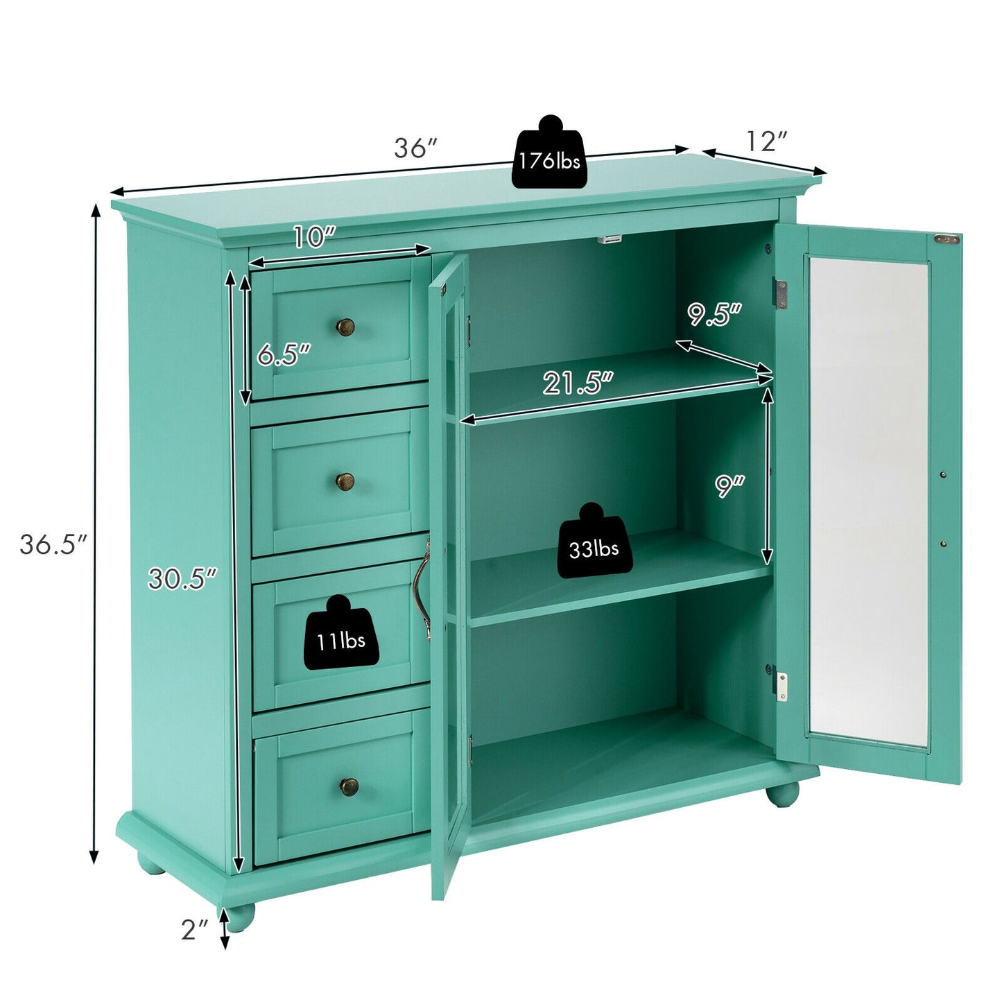 Buffet Sideboard Table Kitchen Storage Cabinet with Drawers and Doors-Green, Fully Assembled