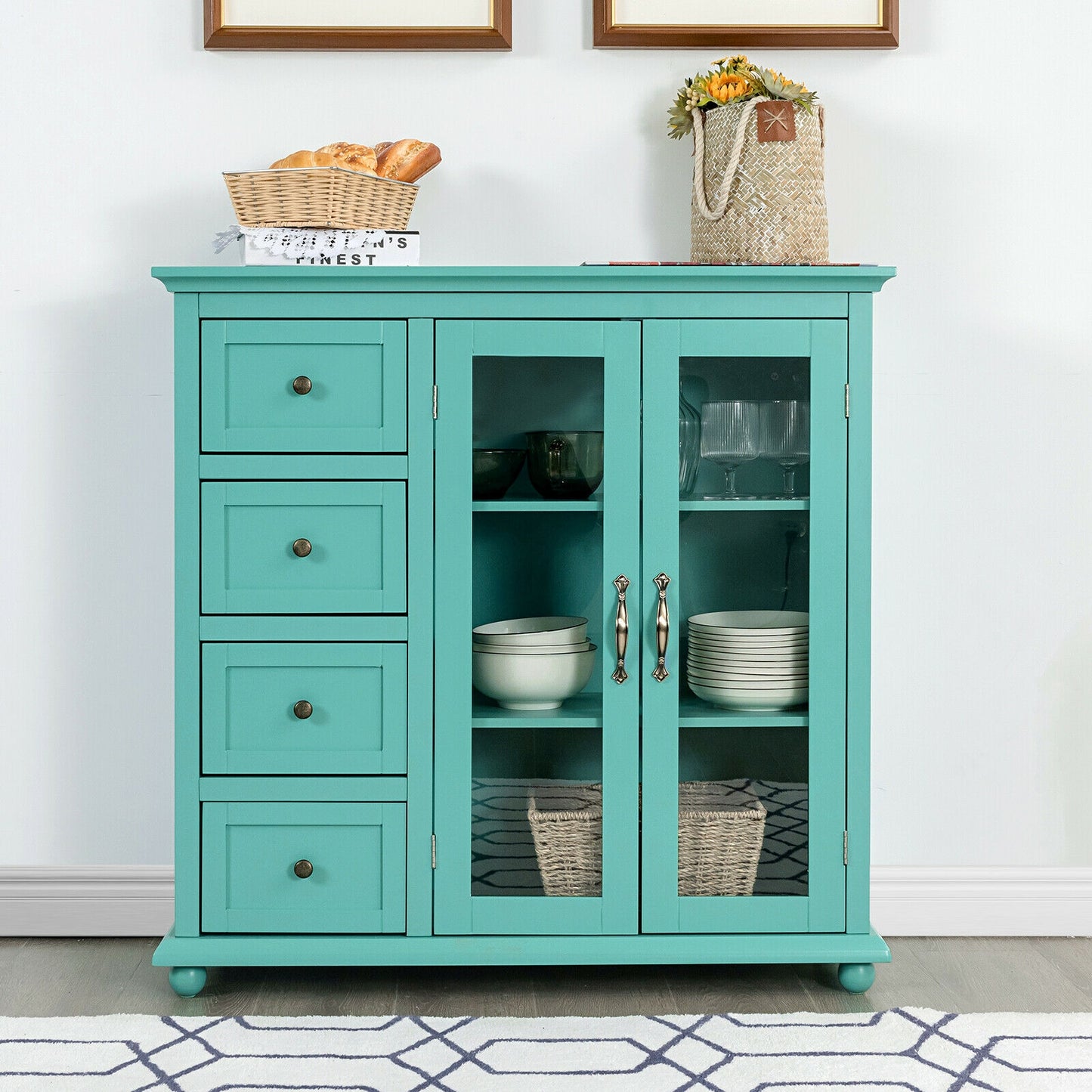 Buffet Sideboard Table Kitchen Storage Cabinet with Drawers and Doors-Green, Fully Assembled