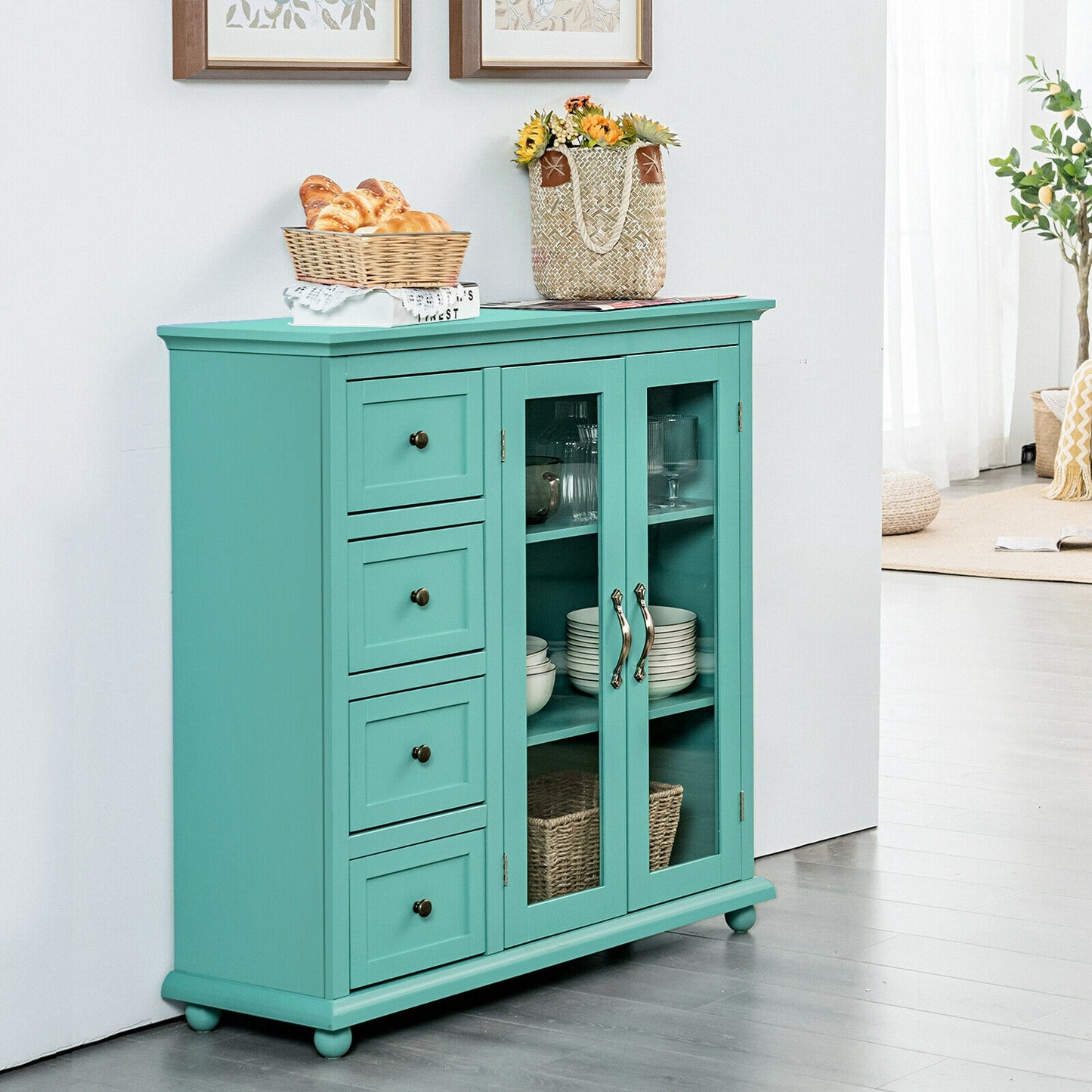 Buffet Sideboard Table Kitchen Storage Cabinet with Drawers and Doors-Green, Fully Assembled