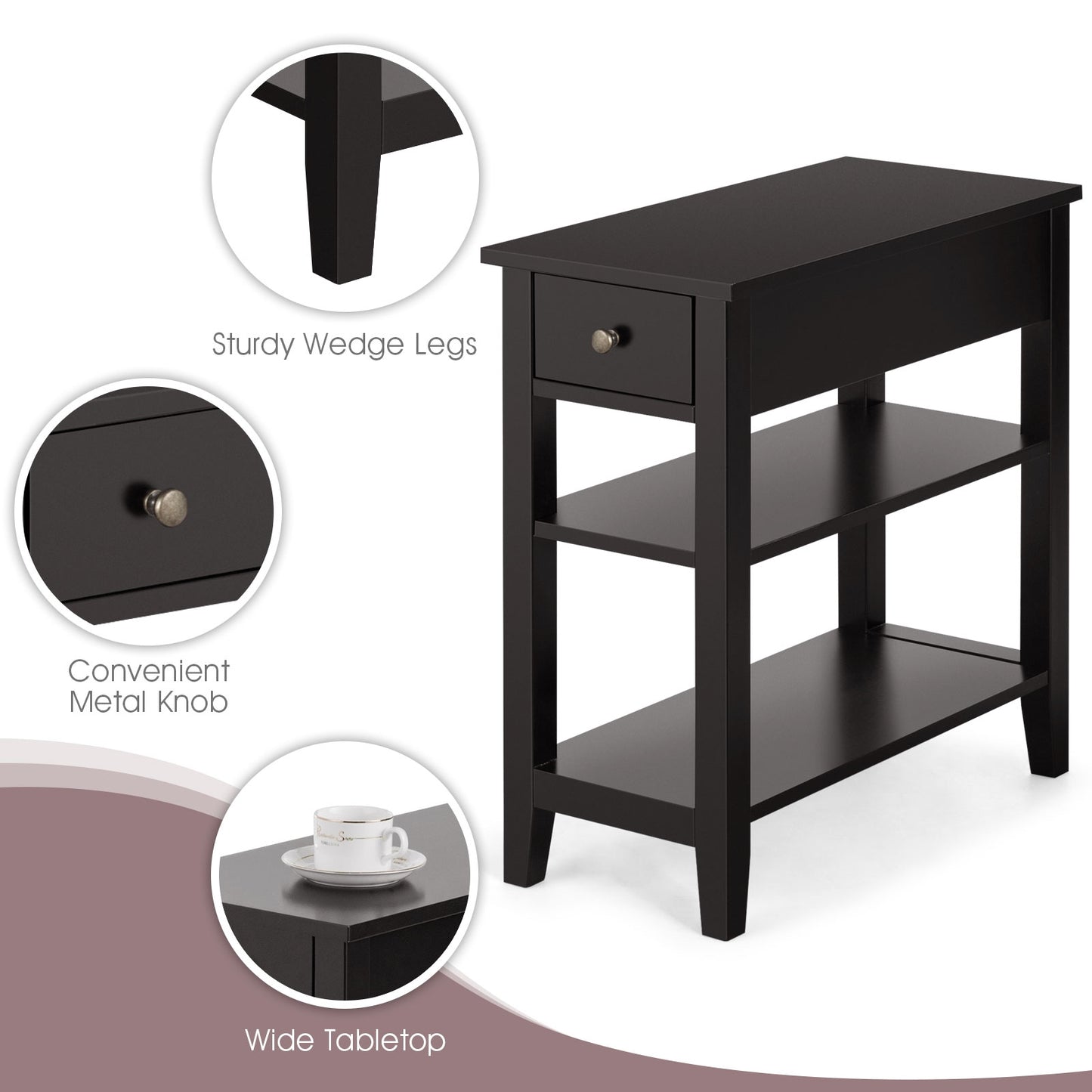 3-Tier Nightstand Bedside Table Sofa Side with Double Shelves Drawer-Coffee (Fully Assembled)