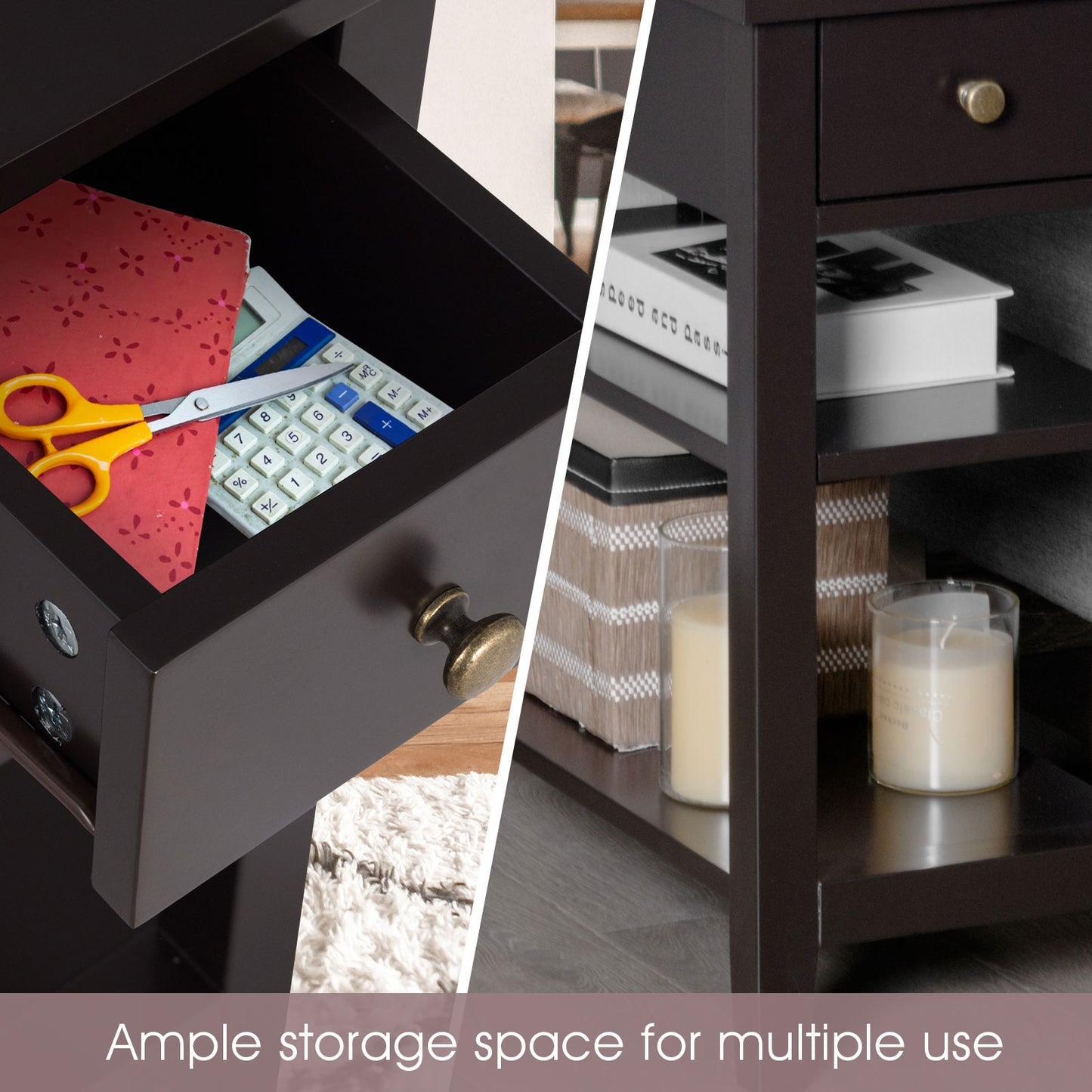 3-Tier Nightstand Bedside Table Sofa Side with Double Shelves Drawer-Coffee (Fully Assembled)