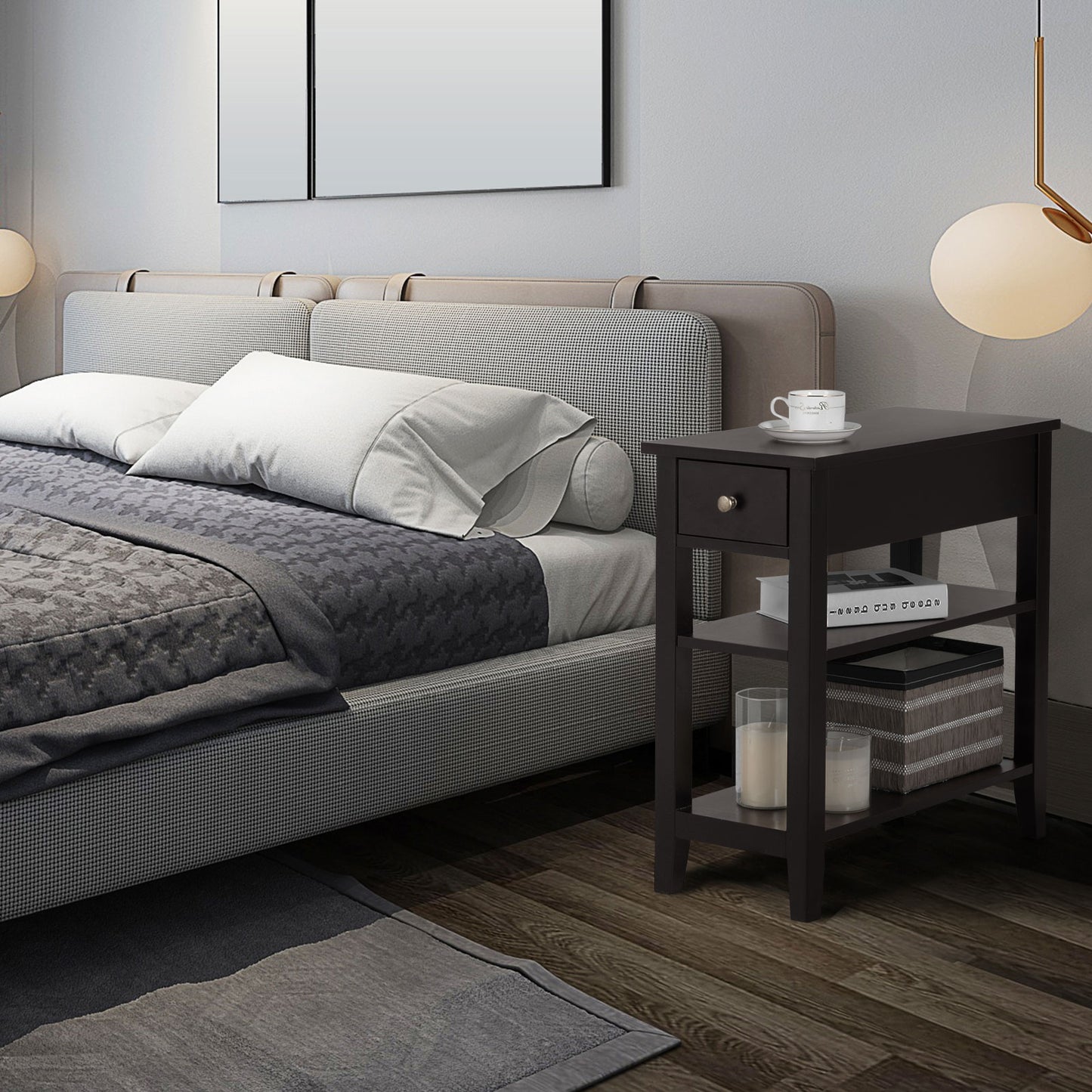 3-Tier Nightstand Bedside Table Sofa Side with Double Shelves Drawer-Coffee (Fully Assembled)