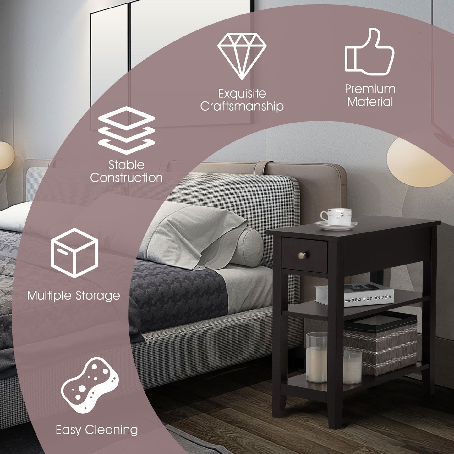 3-Tier Nightstand Bedside Table Sofa Side with Double Shelves Drawer-Coffee (Fully Assembled)