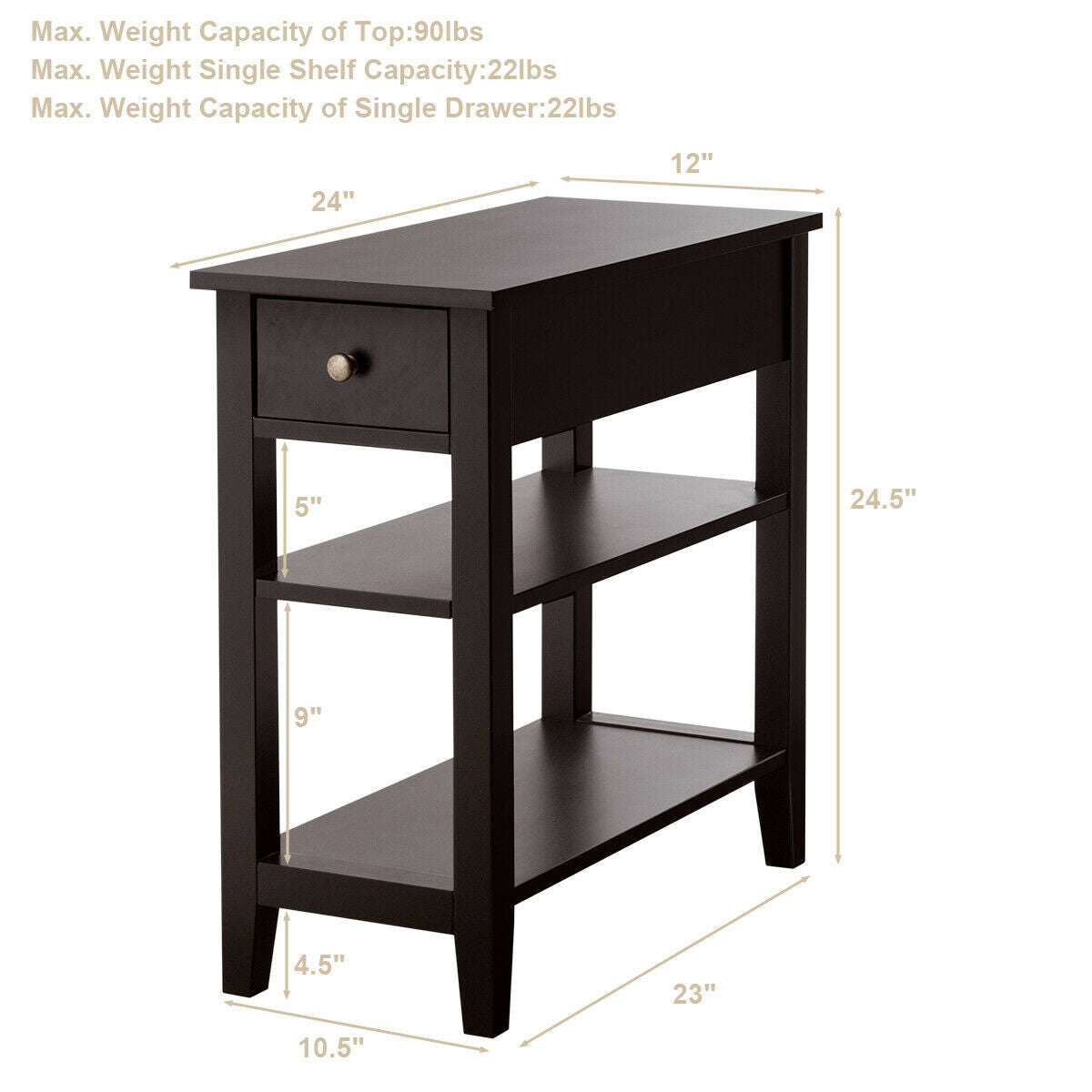 3-Tier Nightstand Bedside Table Sofa Side with Double Shelves Drawer-Coffee (Fully Assembled)