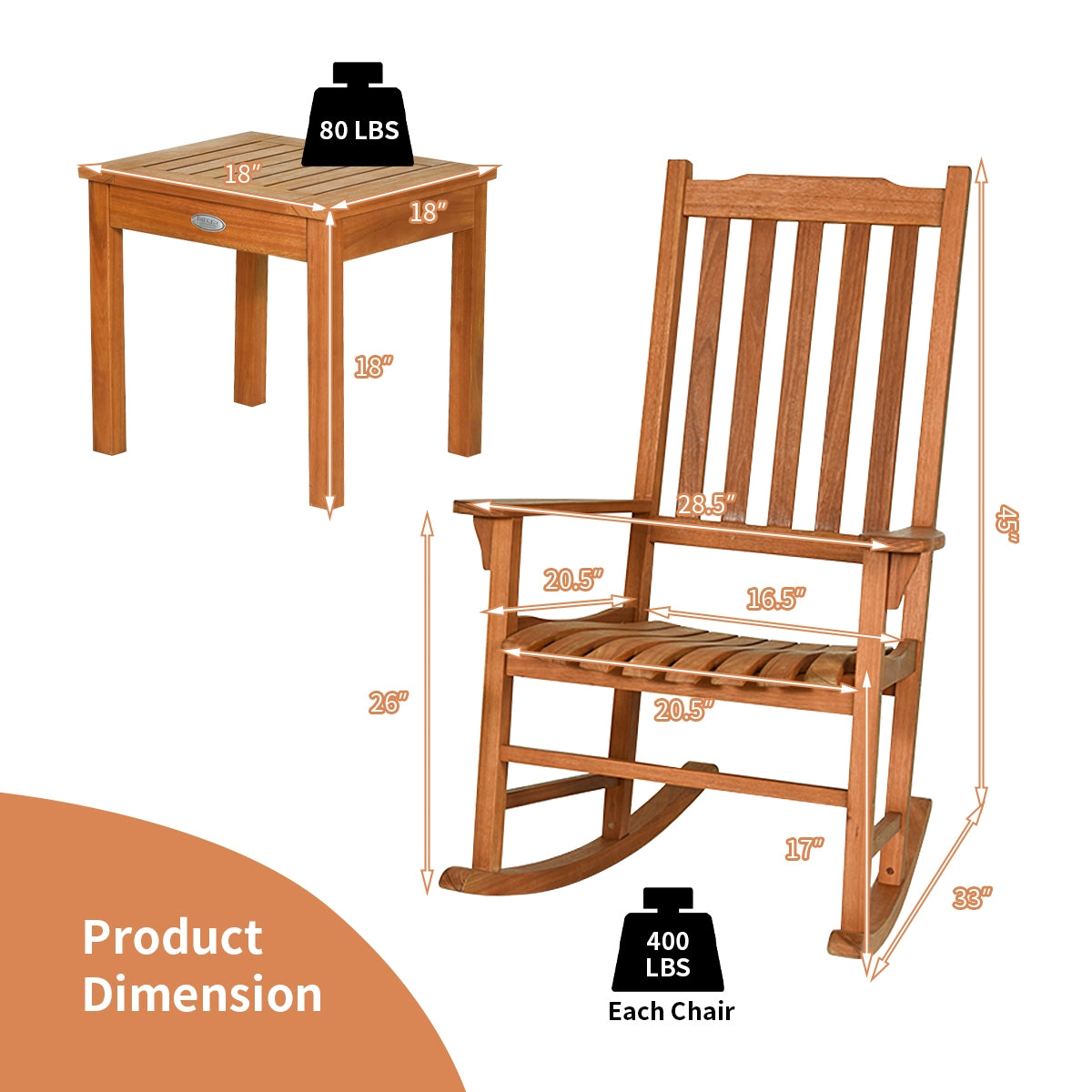 3 Pieces Eucalyptus Rocking Chair Set with Coffee Table (Fully Assembled) (Scratch and Dent)