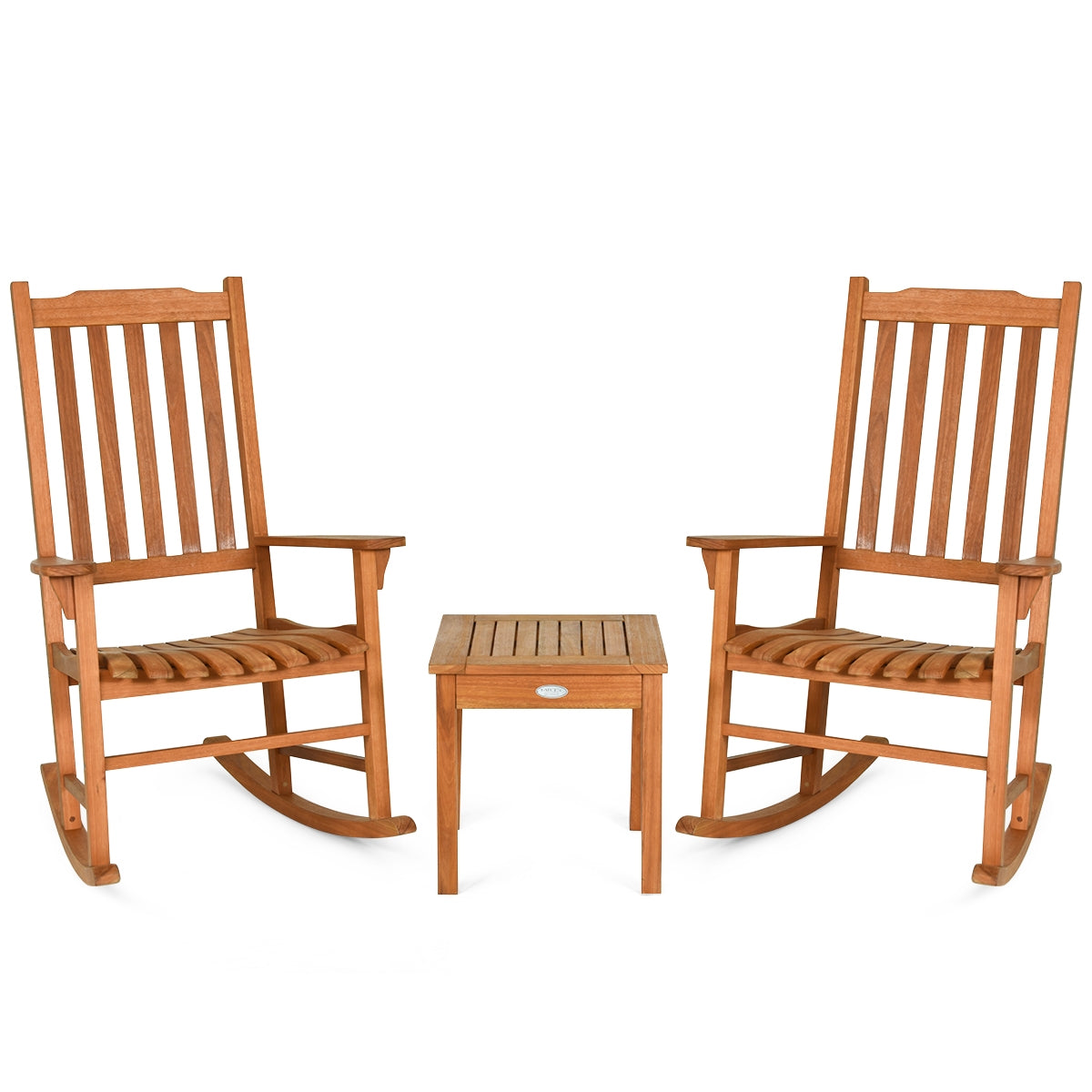 3 Pieces Eucalyptus Rocking Chair Set with Coffee Table (Fully Assembled) (Scratch and Dent)