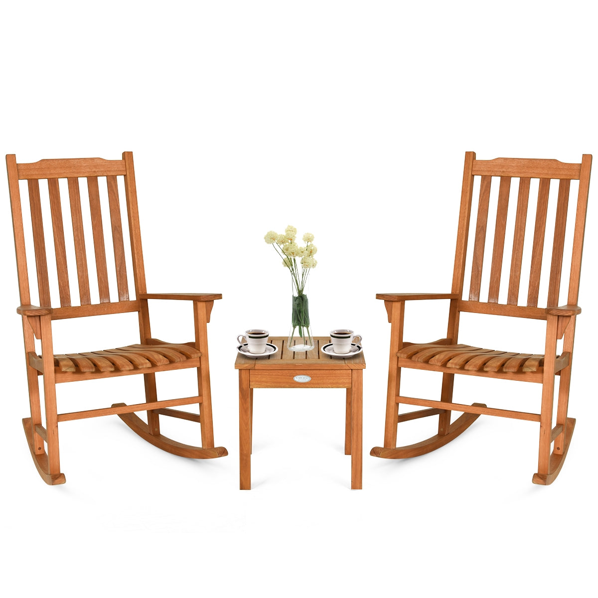 3 Pieces Eucalyptus Rocking Chair Set with Coffee Table (Fully Assembled) (Scratch and Dent)