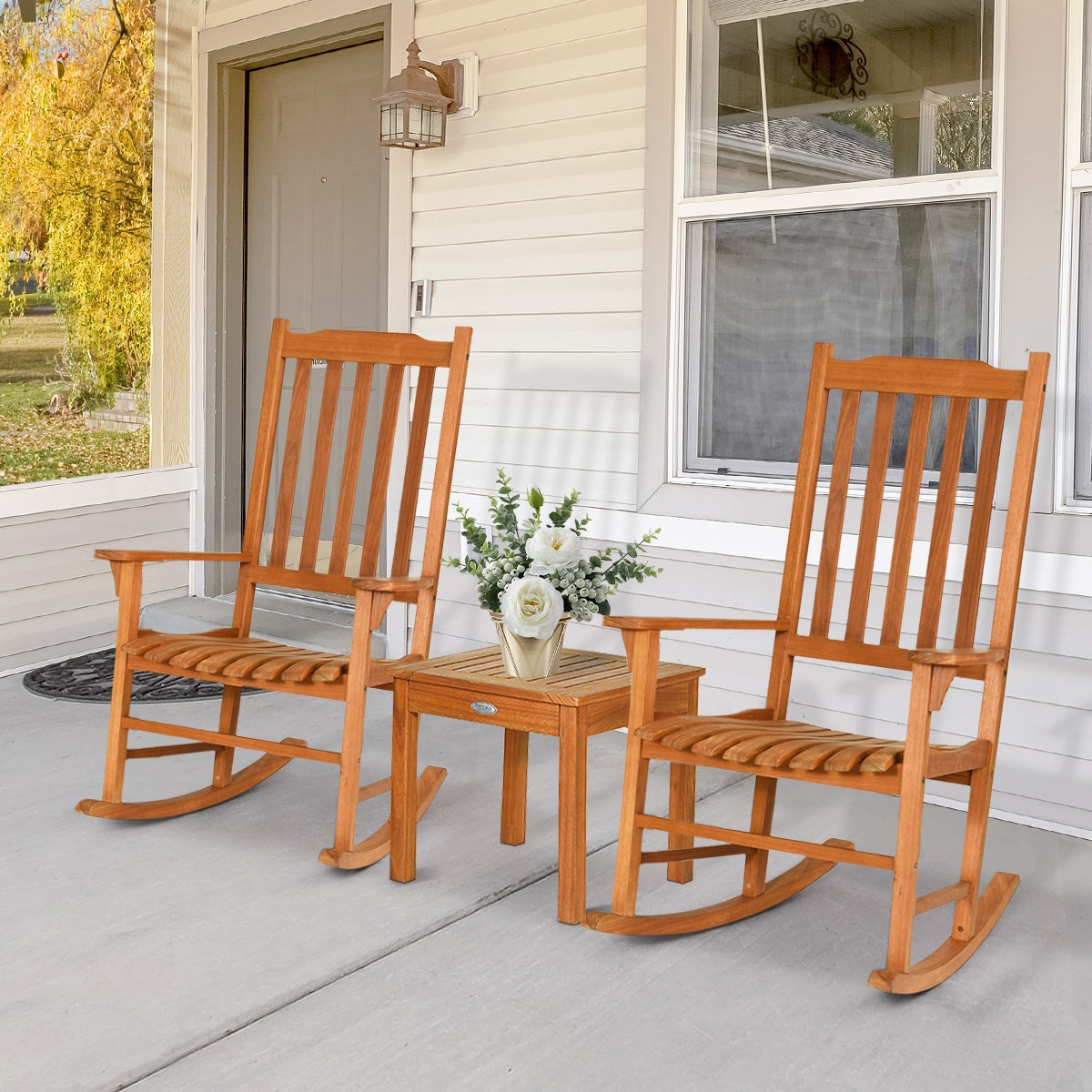 3 Pieces Eucalyptus Rocking Chair Set with Coffee Table (Fully Assembled) (Scratch and Dent)
