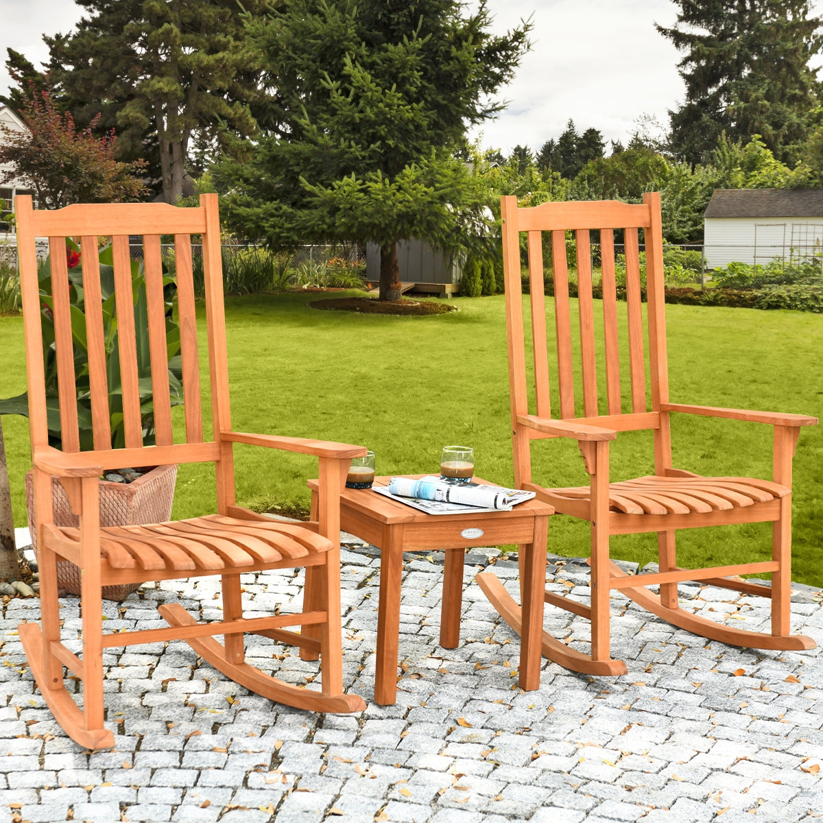 3 Pieces Eucalyptus Rocking Chair Set with Coffee Table (Fully Assembled) (Scratch and Dent)