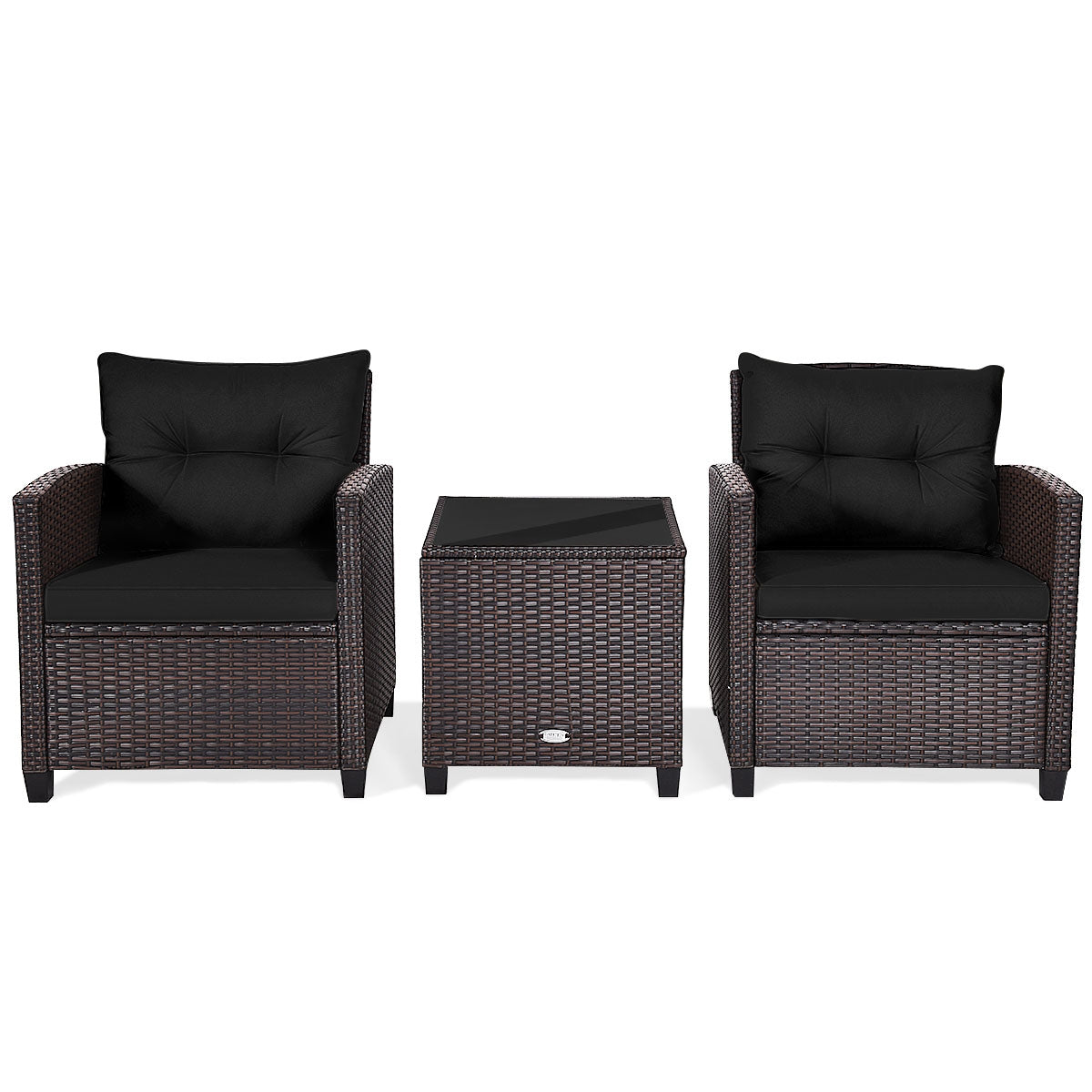 3 Pieces Cushioned Rattan Patio Conversation Set with Coffee Table-Black, Fully Assembled