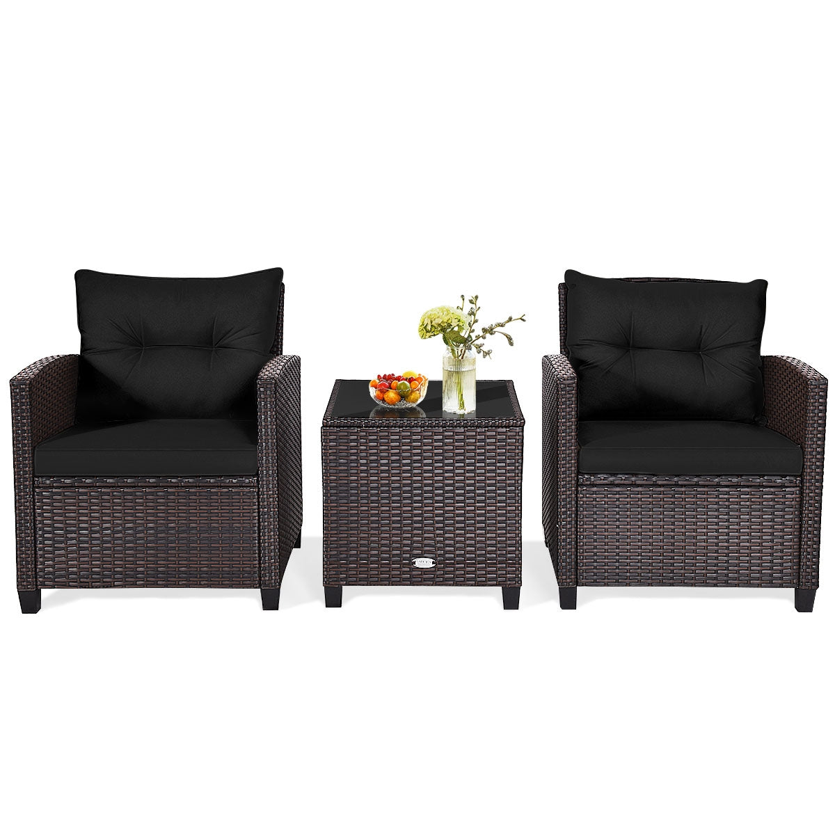 3 Pieces Cushioned Rattan Patio Conversation Set with Coffee Table-Black, Fully Assembled