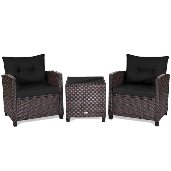 3 Pieces Cushioned Rattan Patio Conversation Set with Coffee Table-Black (Unassembled)
