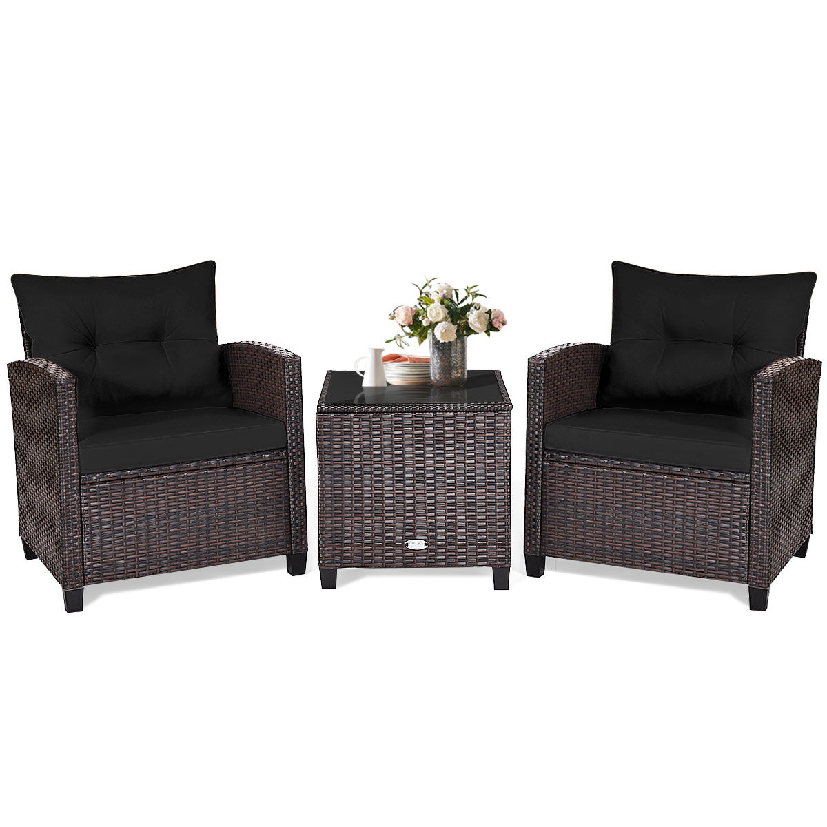 3 Pieces Cushioned Rattan Patio Conversation Set with Coffee Table-Black, Fully Assembled