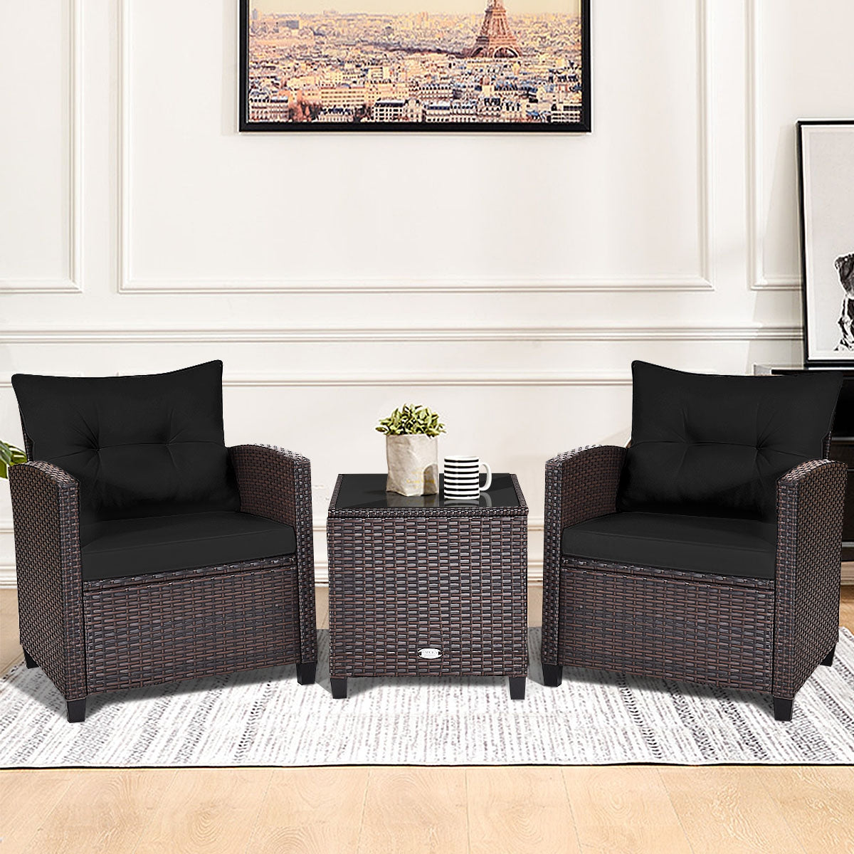 3 Pieces Cushioned Rattan Patio Conversation Set with Coffee Table-Black, Fully Assembled