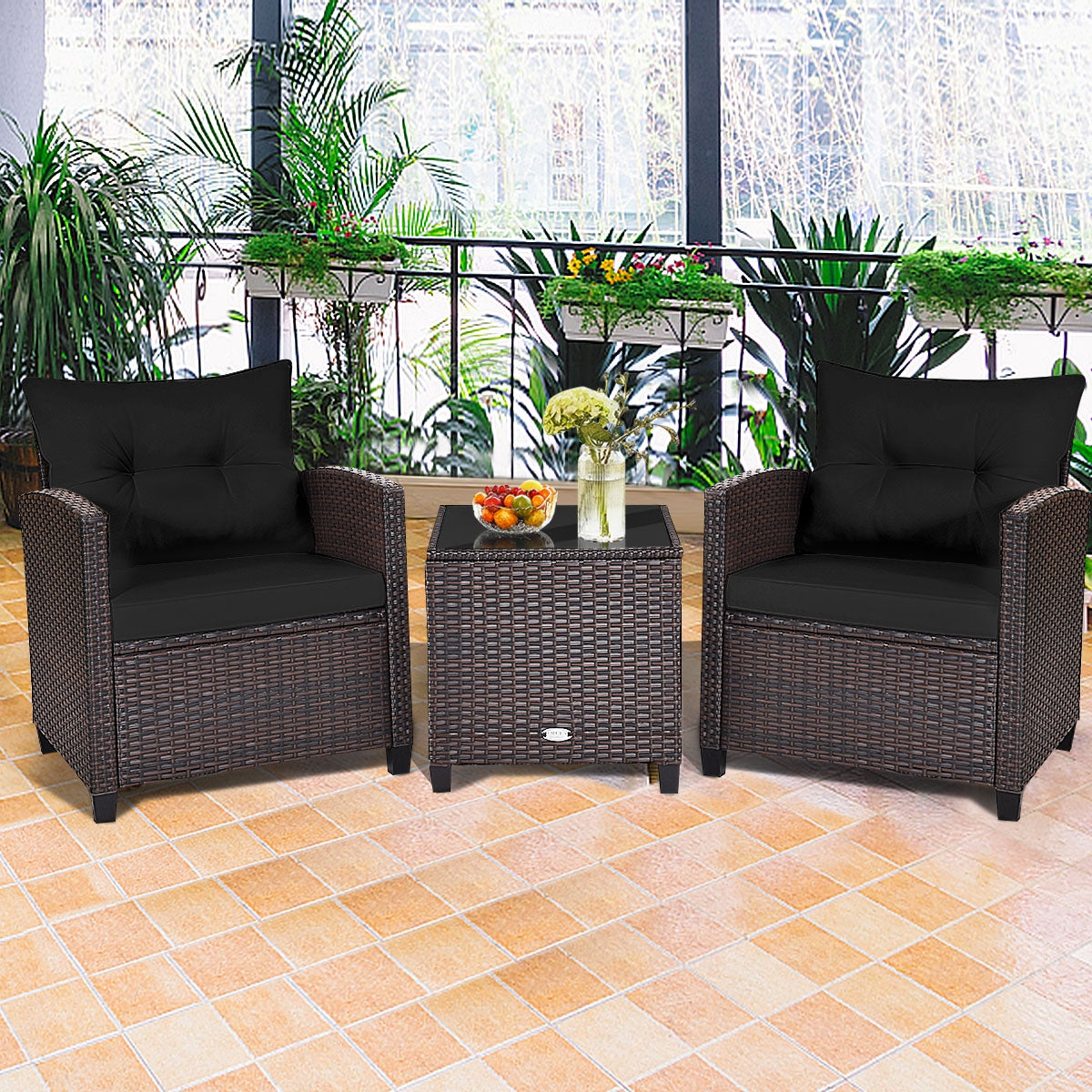 3 Pieces Cushioned Rattan Patio Conversation Set with Coffee Table-Black, Fully Assembled