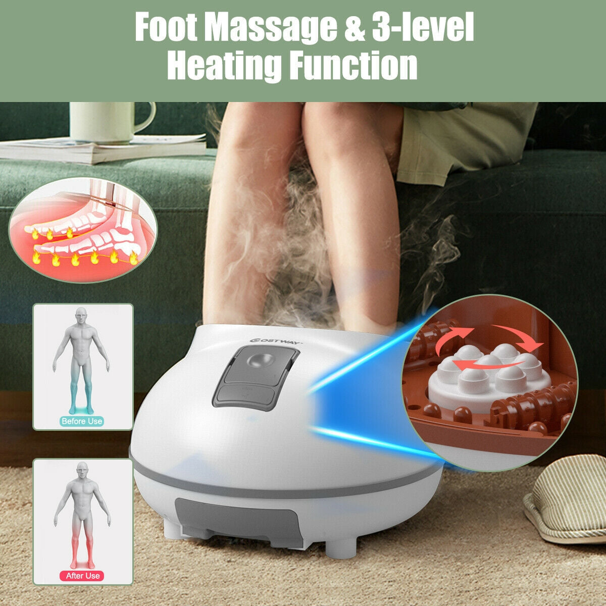 Steam Foot Spa Bath Massager Foot Sauna Care with Heating Timer Electric Rollers-White/Grey