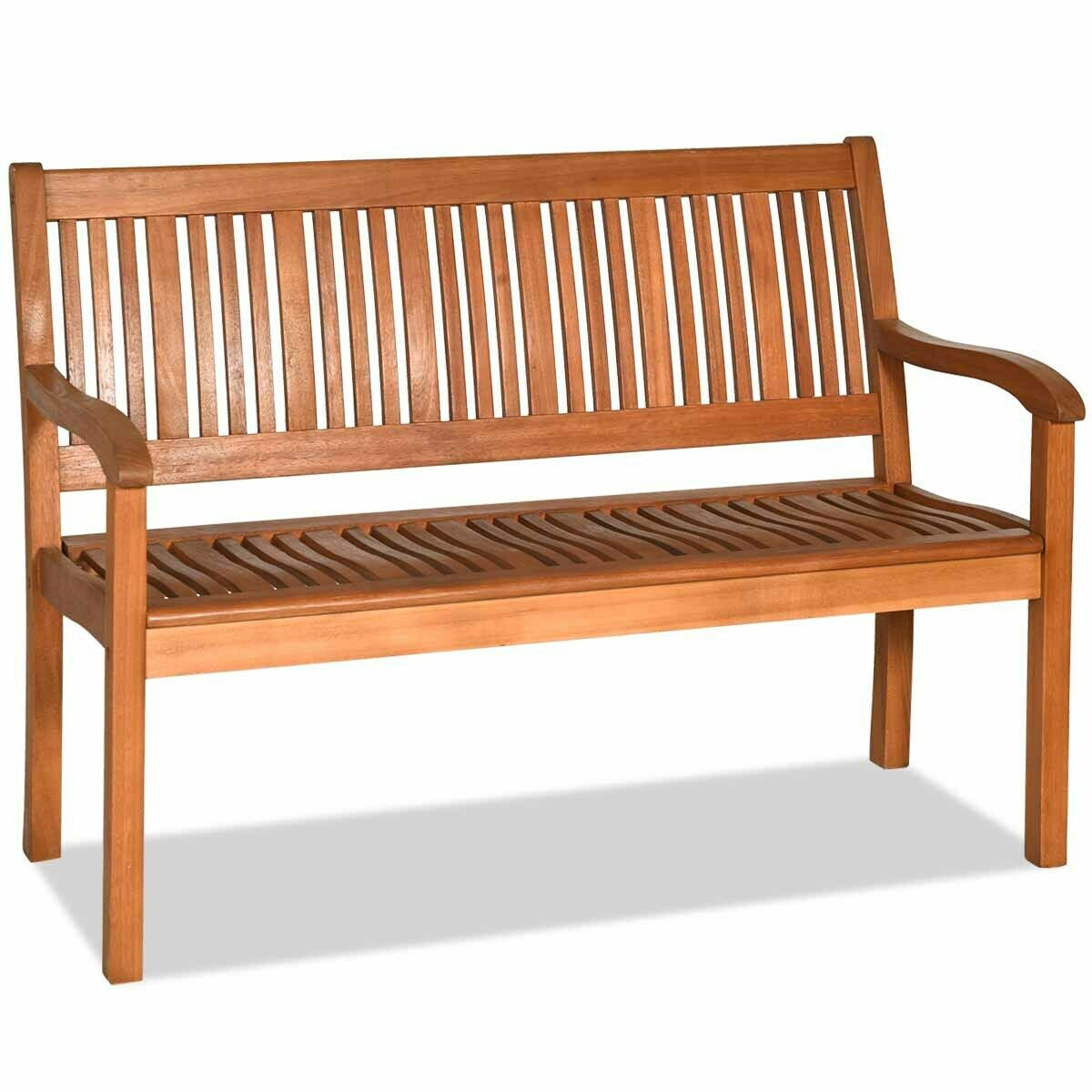 Two Person Solid Wood Bench with Curved Backrest and Wide Armrest