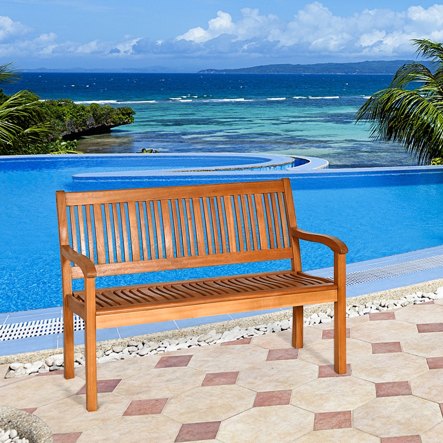 Two Person Solid Wood Bench with Curved Backrest and Wide Armrest