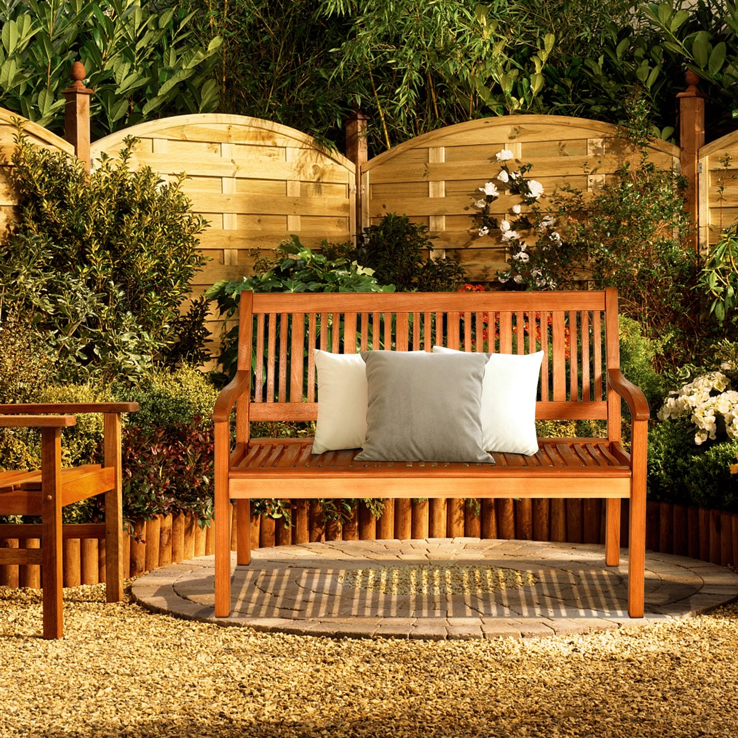 Two Person Solid Wood Bench with Curved Backrest and Wide Armrest