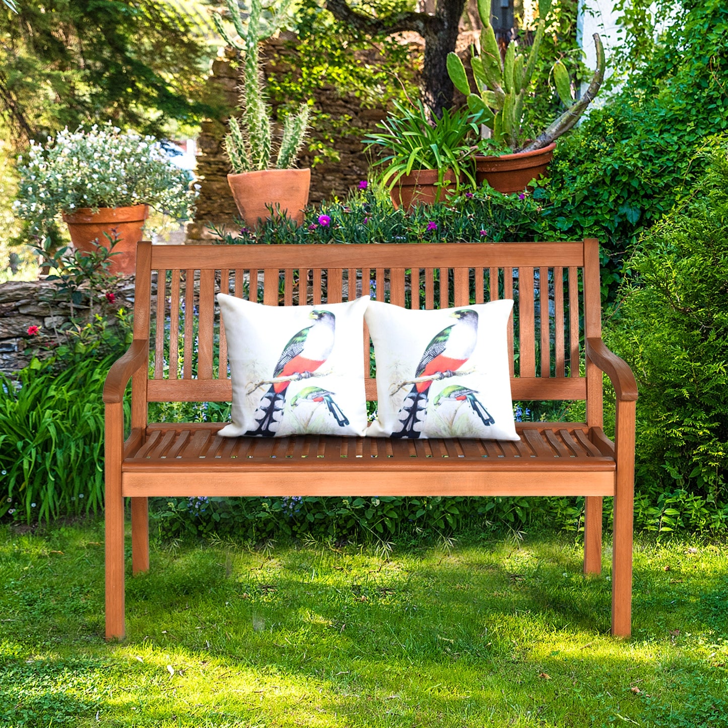 Two Person Solid Wood Bench with Curved Backrest and Wide Armrest
