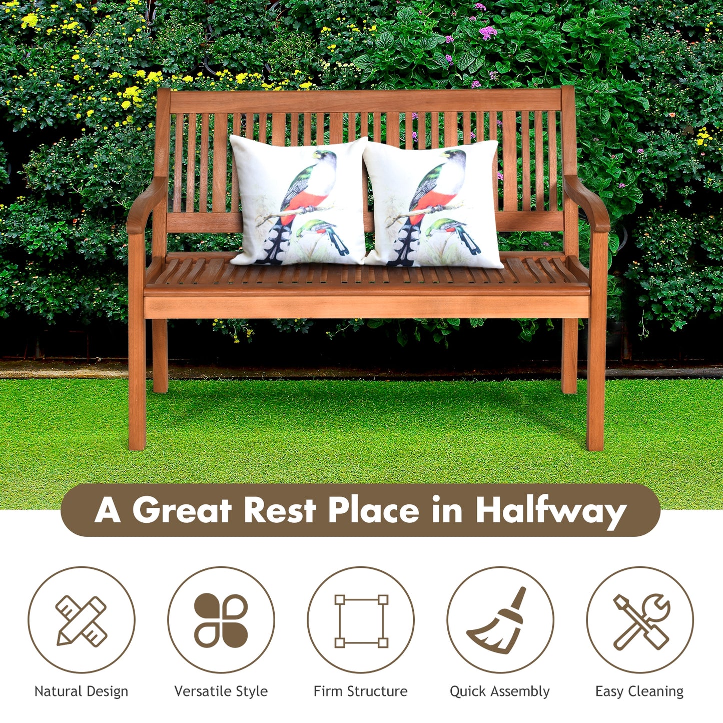 Two Person Solid Wood Bench with Curved Backrest and Wide Armrest