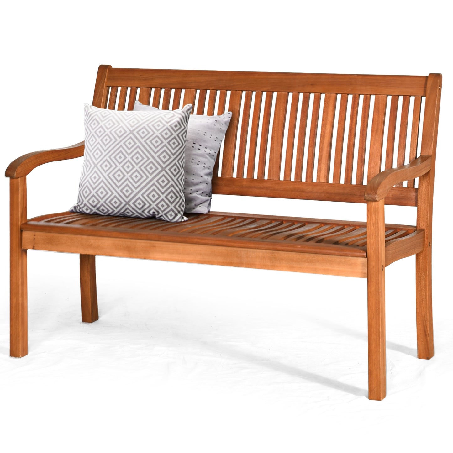 Two Person Solid Wood Bench with Curved Backrest and Wide Armrest